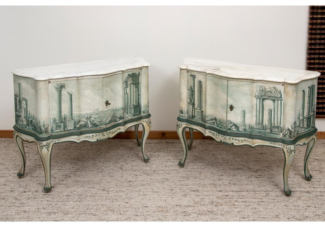 Mid-Century Modern Pair of Italian Fornasetti Style Marble-Topped Commodes