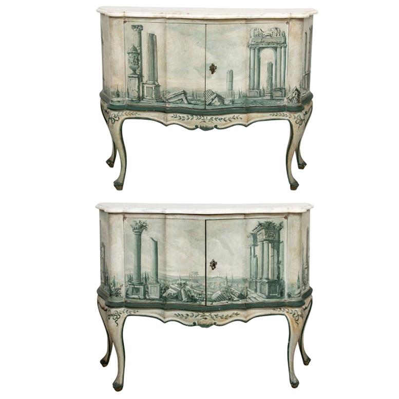 Pair of Italian Fornasetti Style Marble-Topped Commodes