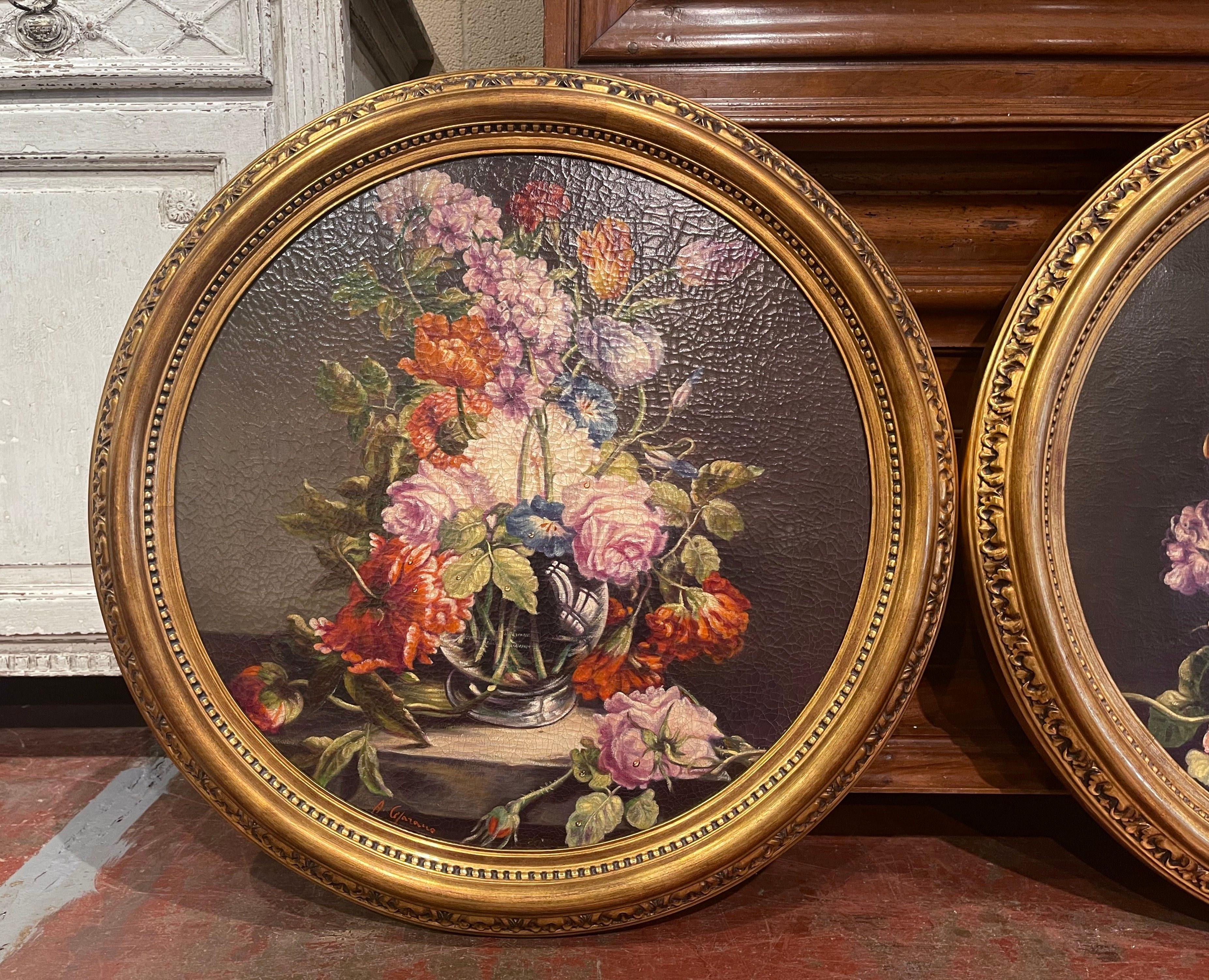 Gilt Pair of Italian Framed Oil on Canvas Floral Paintings Signed A. Ceparano