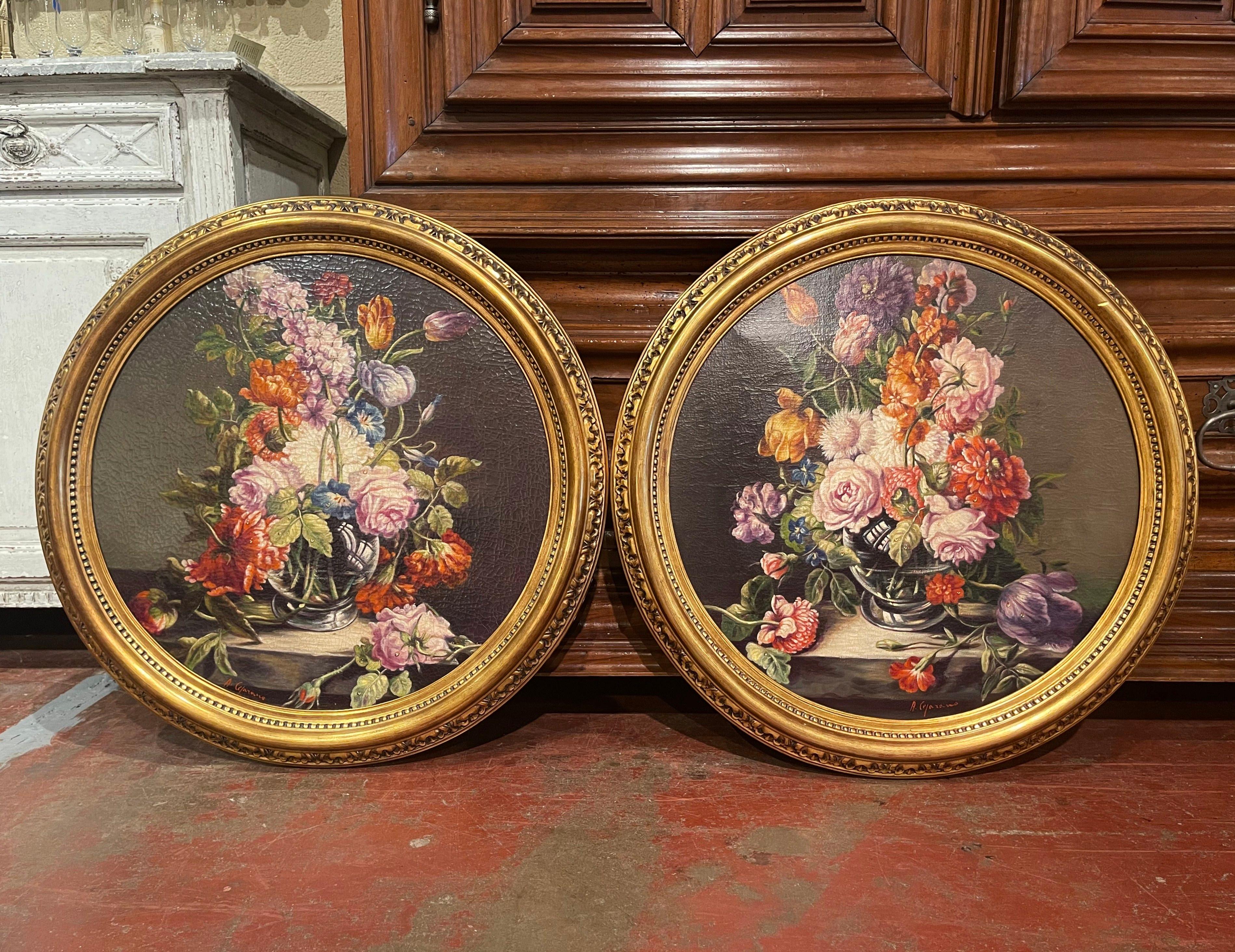 Giltwood Pair of Italian Framed Oil on Canvas Floral Paintings Signed A. Ceparano
