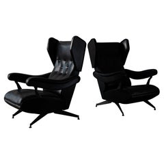 Used Pair of Italian Nello Pini Reclining Black Leather Armchairs