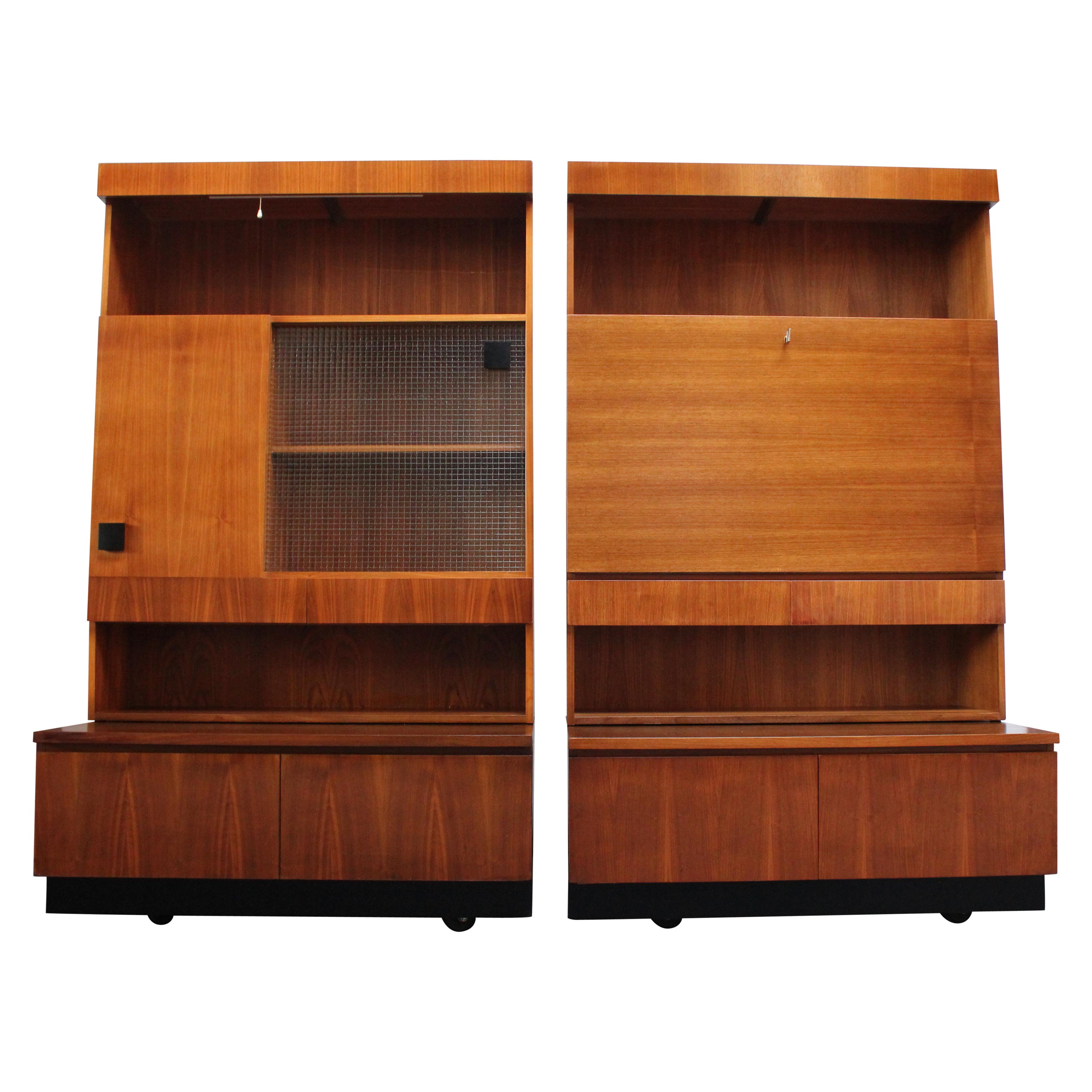 Pair of Italian Free-Standing Wall Units in Walnut on Ebonized Plinth Bases