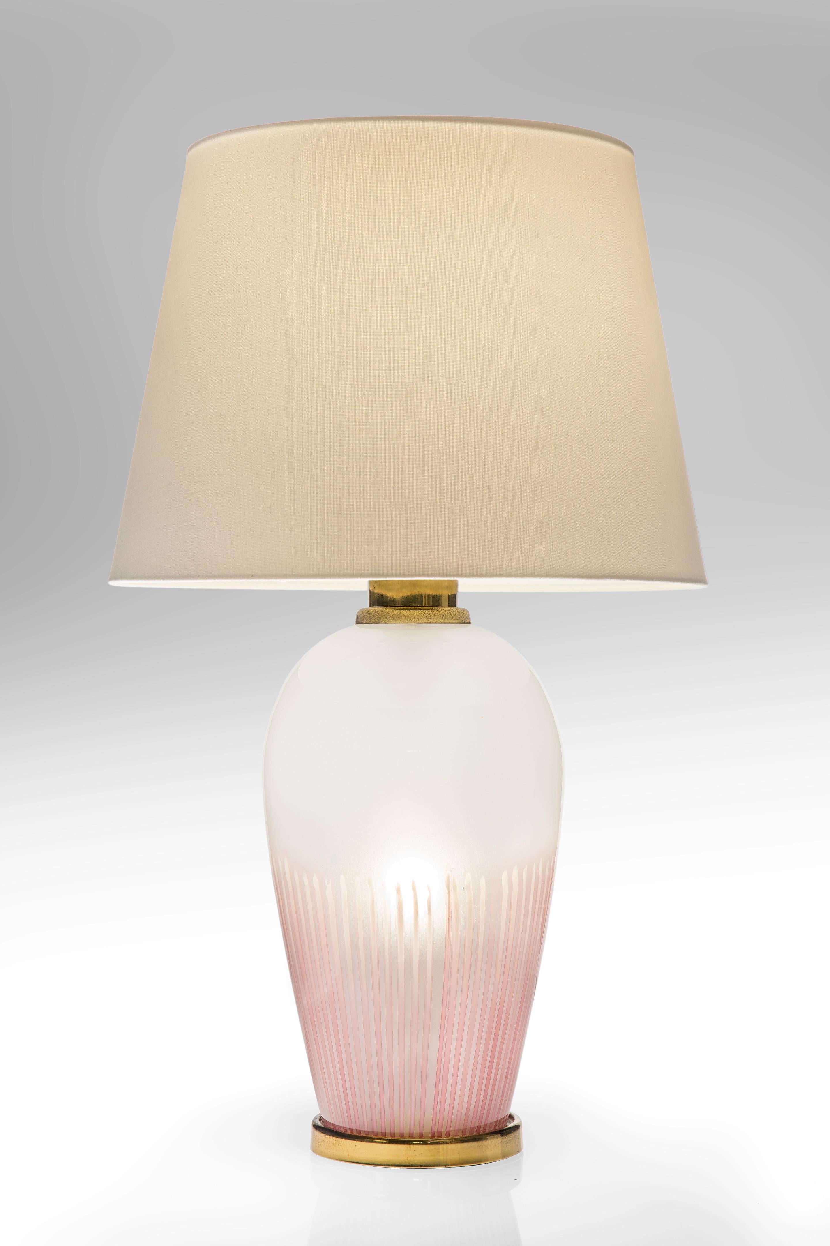 Pair of Italian frosted and colored glass lamps
Mid-20th century
As they say variety is the spice of life so a pair of glass lamps of different but complimentary colors ... why not! Each ovoid lamp of brass-mounted frosted glass one with yellow