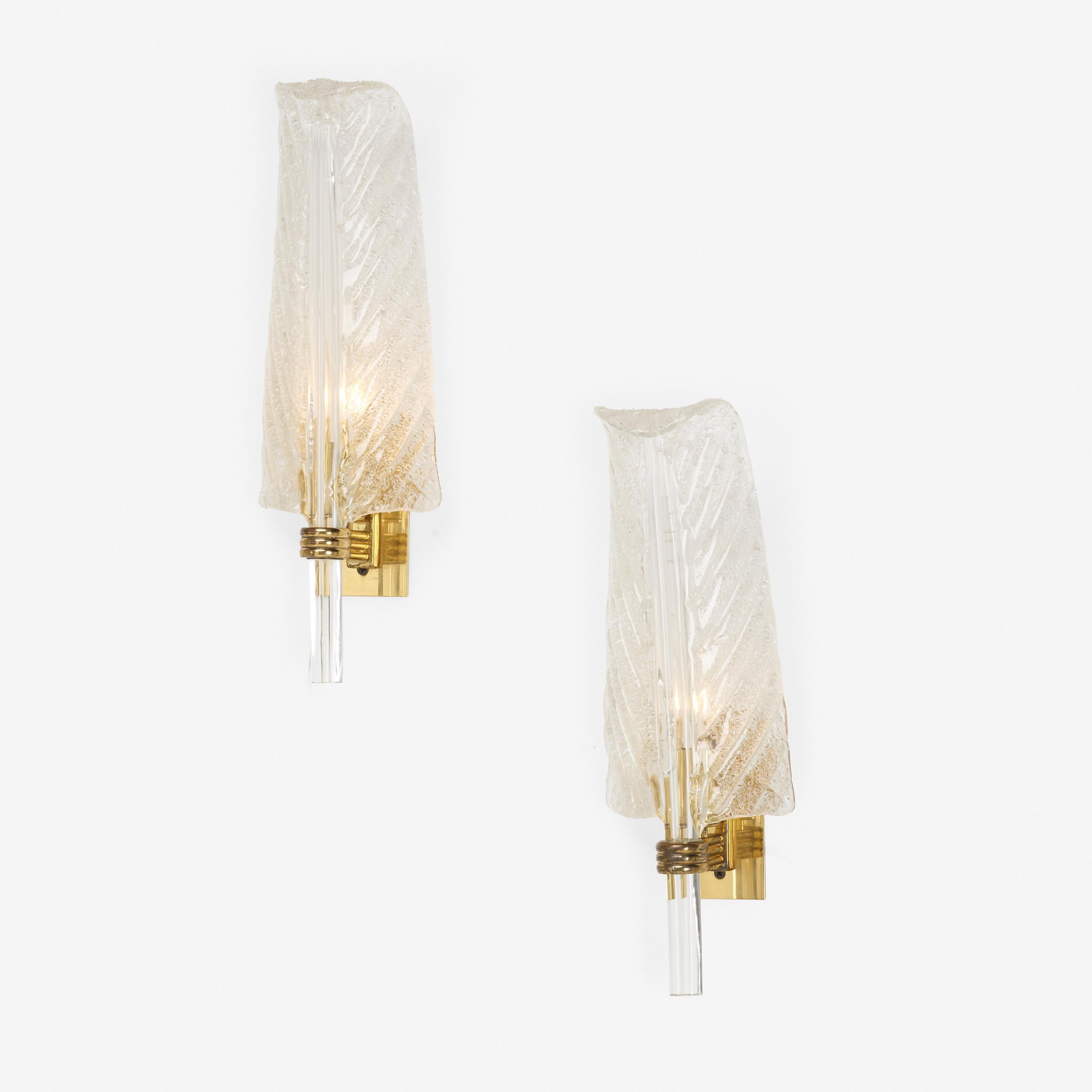 Pair of Italian blown frosted glass sconces in acanthus leafs with brass plate attributed to Veronese 
 Provenance: Mallett Antiques, New York.

 