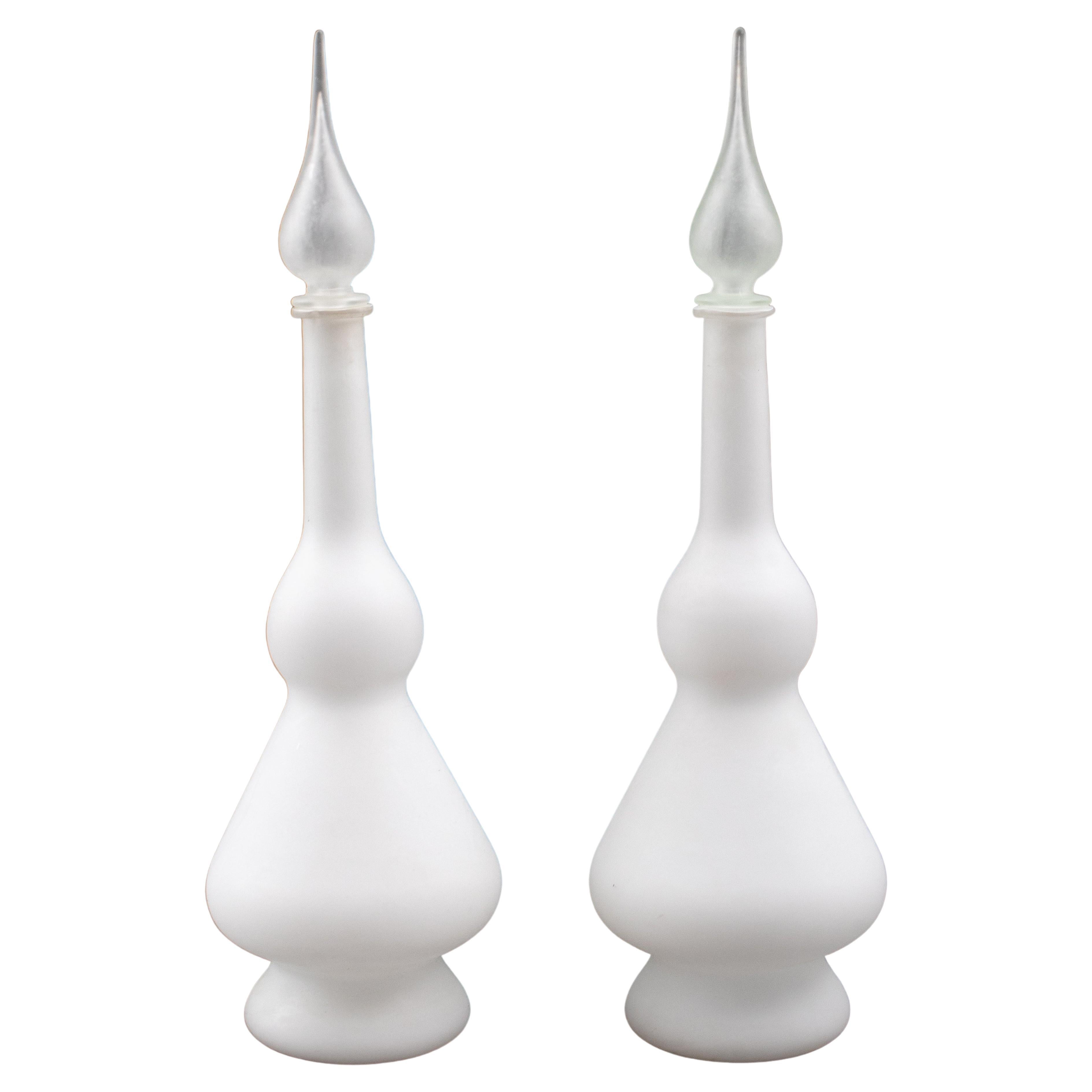 Pair of Italian Frosted White Glass Decanters