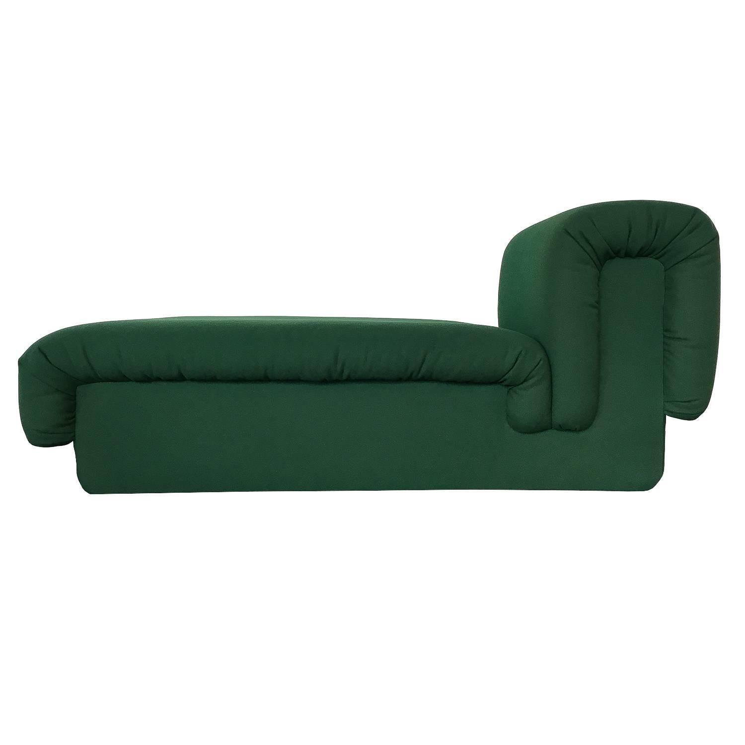 Pair of Italian fully upholstered Modernist chaise lounges in the original green wool felt fabric. Modern and sculptural in form with a wrapped pillowed seat and back. Upholstered plinth base. Fabric is in excellent condition with very minimal wear