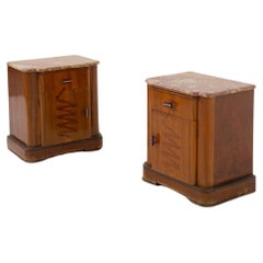 Antique Pair of Italian Futurist bedside tables in marble and wood, with iconographic in