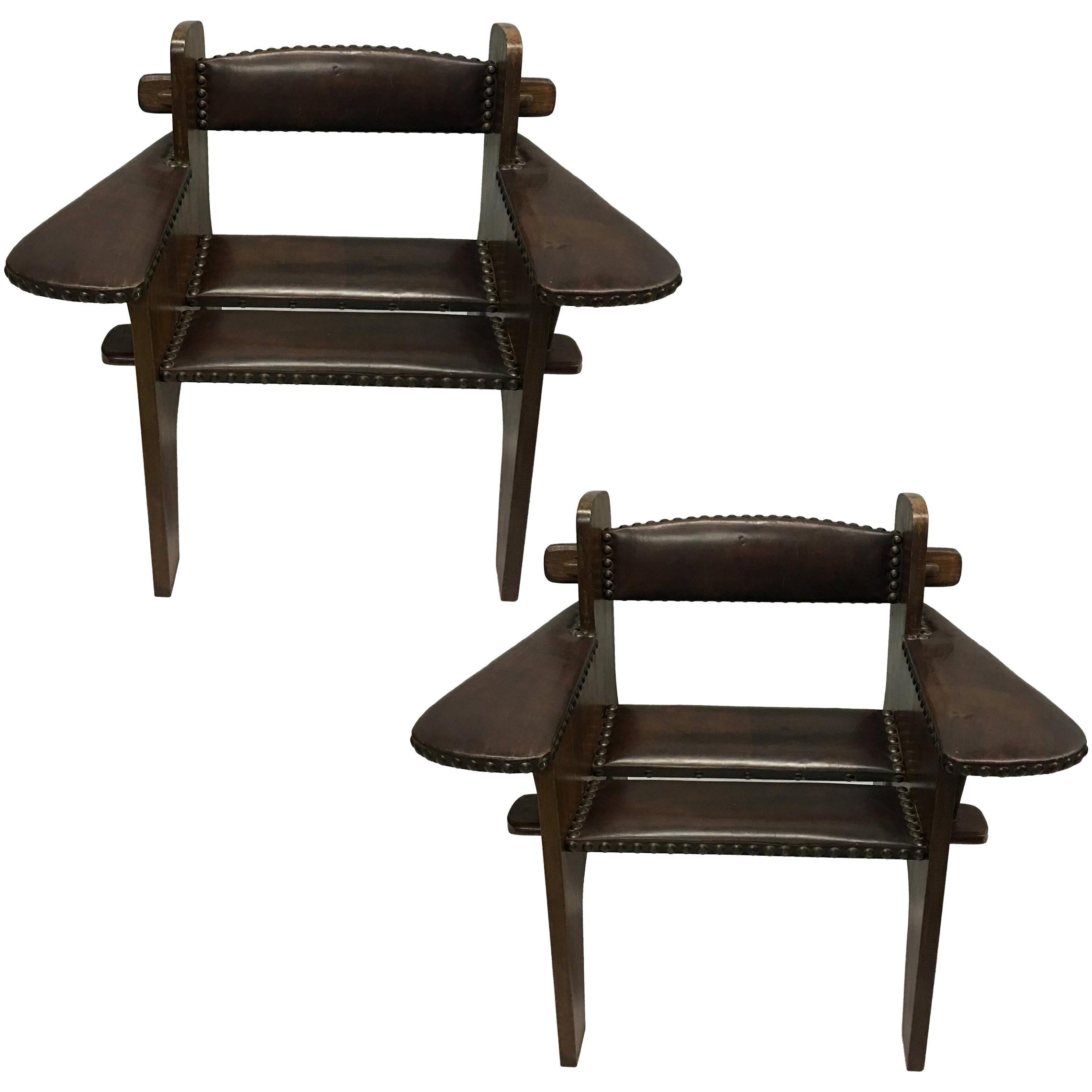 Pair of Italian Futurist Wood & Leather Lounge Chairs, Giacomo Balla Attributed