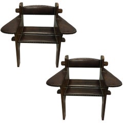 Antique Pair of Italian Futurist Wood & Leather Lounge Chairs, Giacomo Balla Attributed