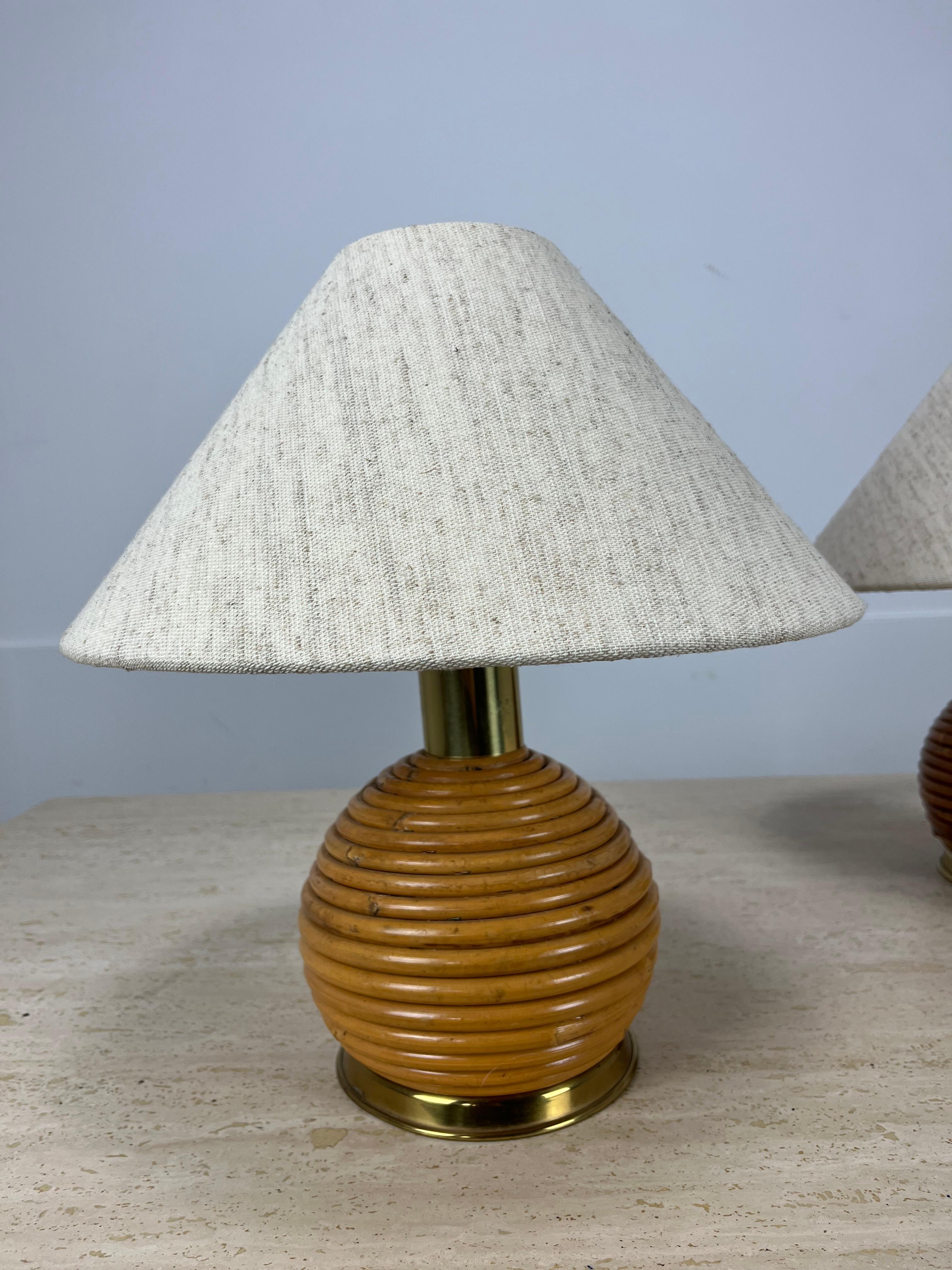 Pair of Italian rattan table lamps 1960's en venta 2