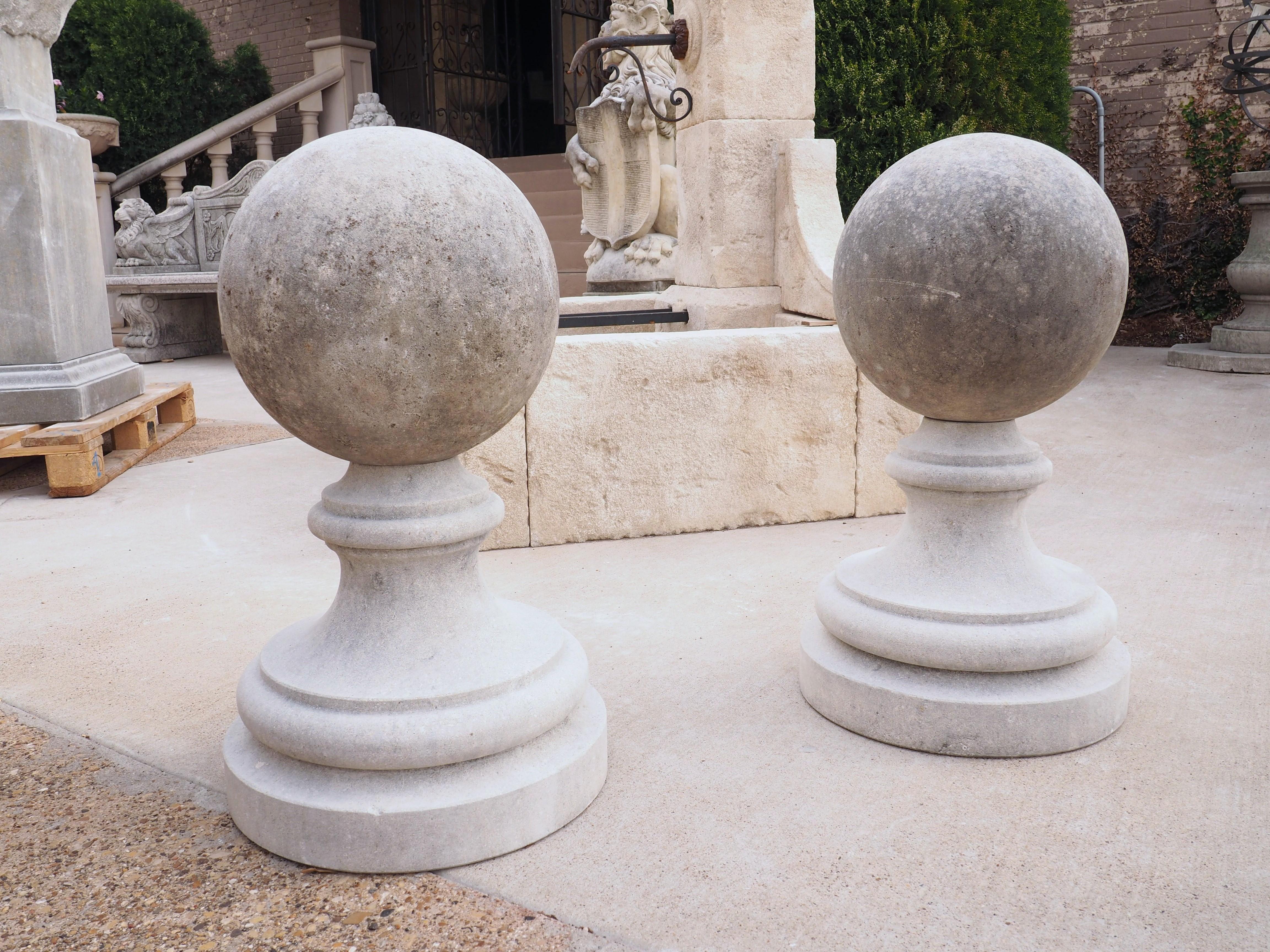 Pair of Italian Garden Ball Finials in Carved Limestone 7