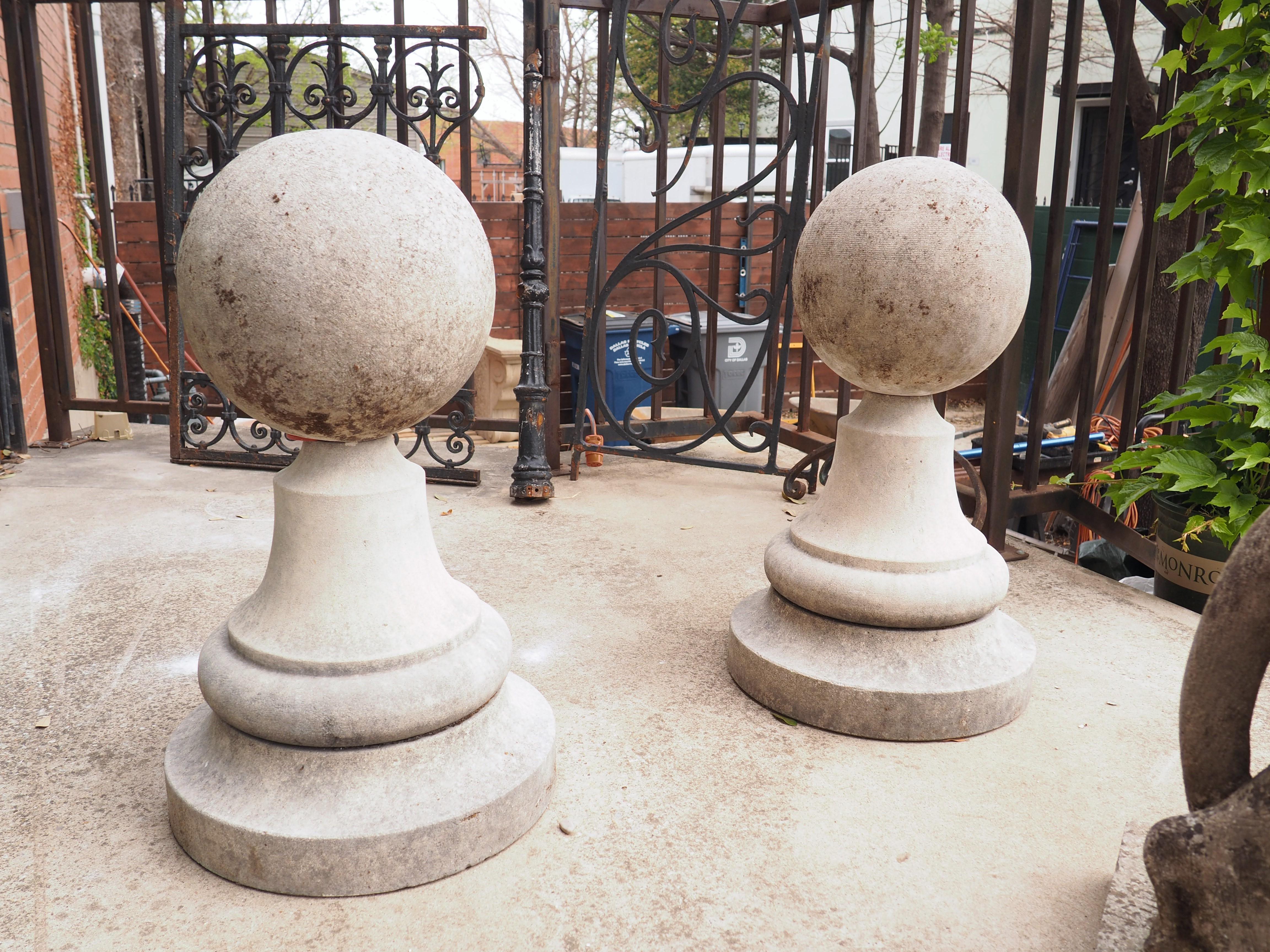 Pair of Italian Garden Ball Finials in Carved Limestone 1