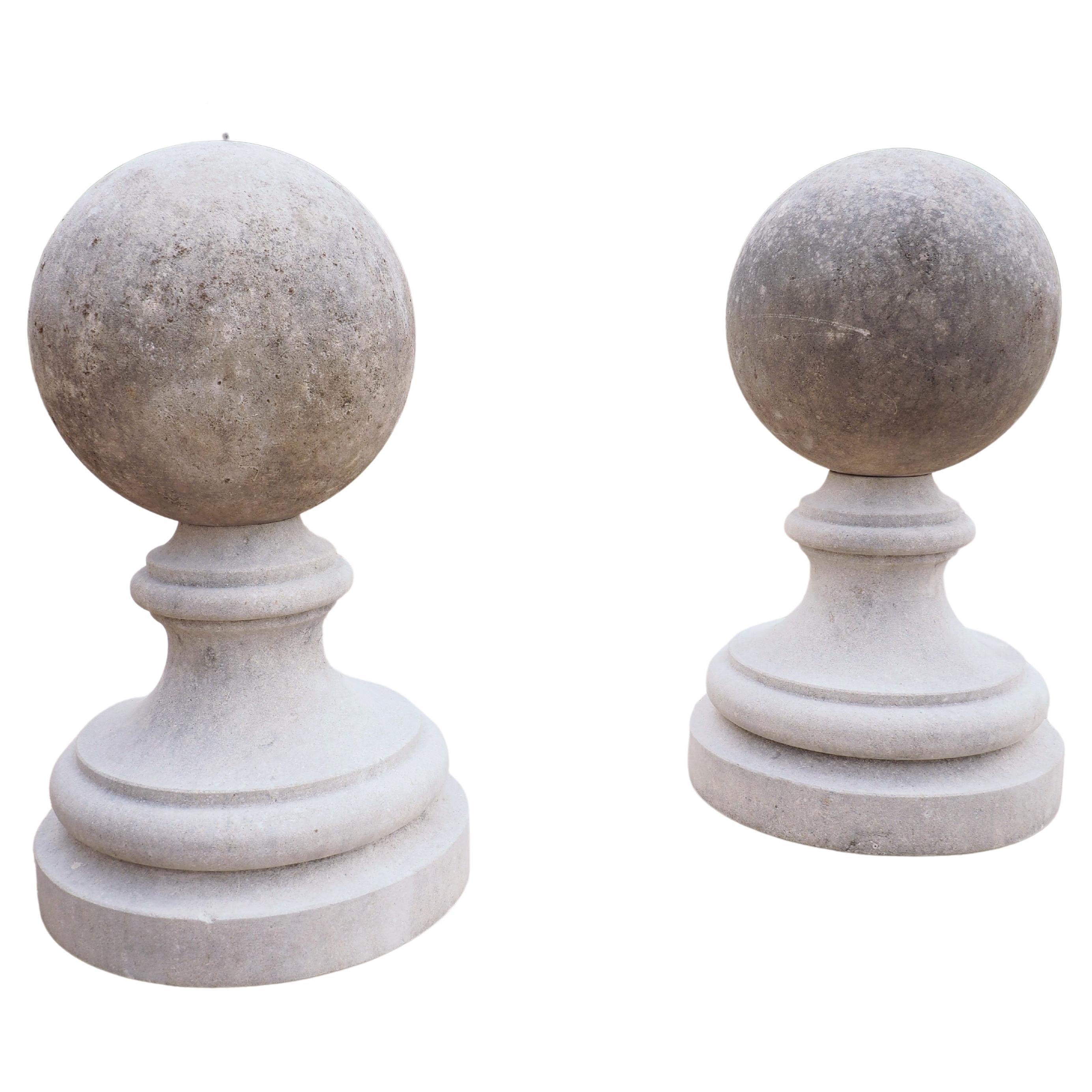 Pair of Italian Garden Ball Finials in Carved Limestone