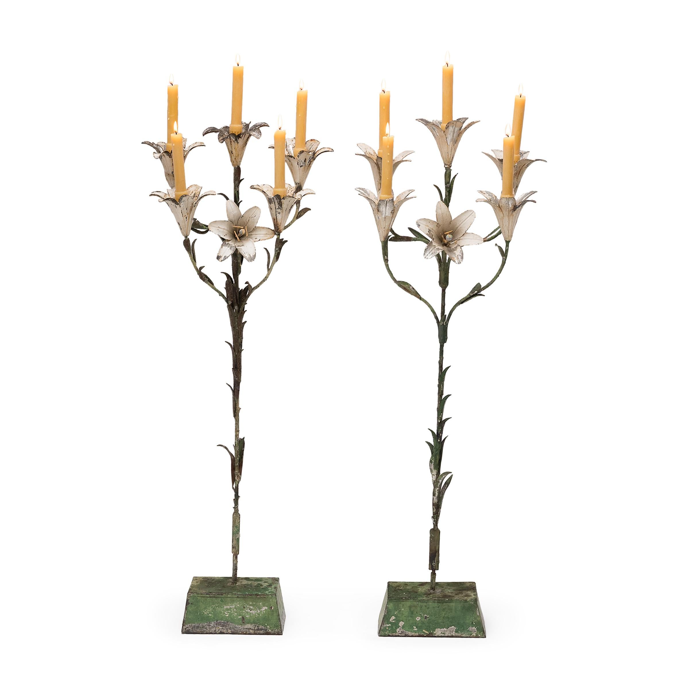 Painted Pair of Italian Garden Lily Floor Candelabras, c. 1930s For Sale