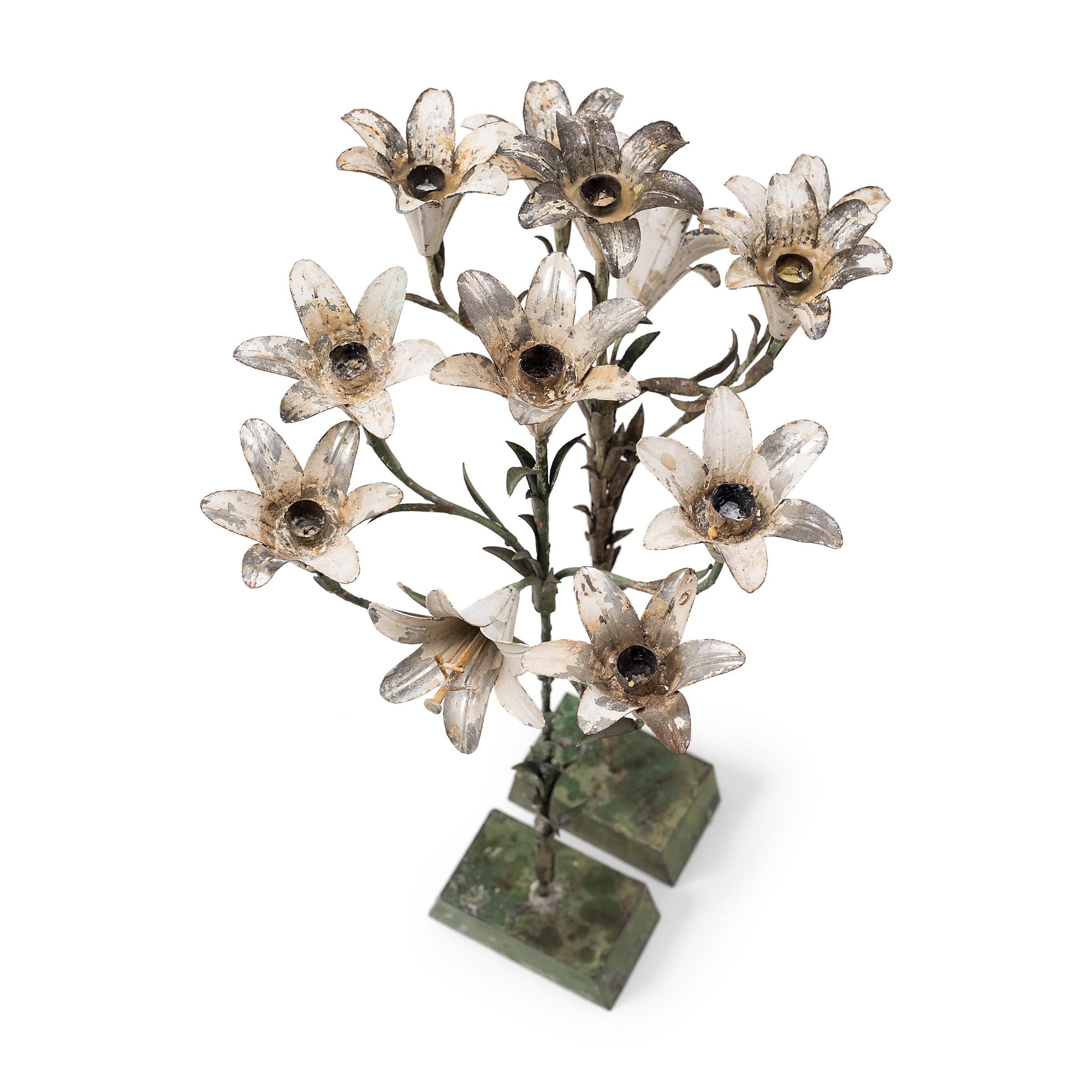 Tin Pair of Italian Garden Lily Floor Candelabras, c. 1930s For Sale