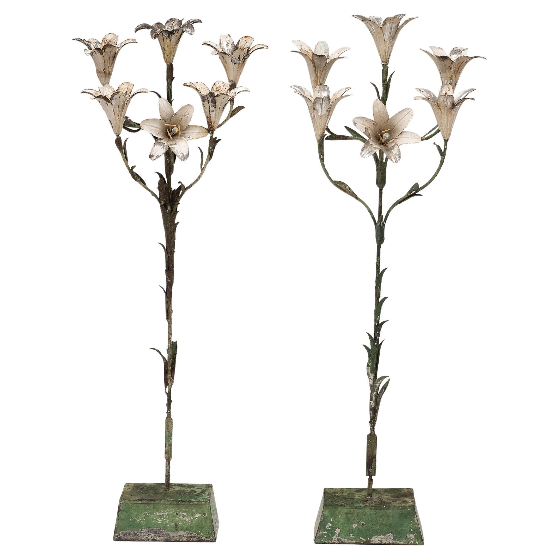 Pair of Italian Garden Lily Floor Candelabras, c. 1930s For Sale