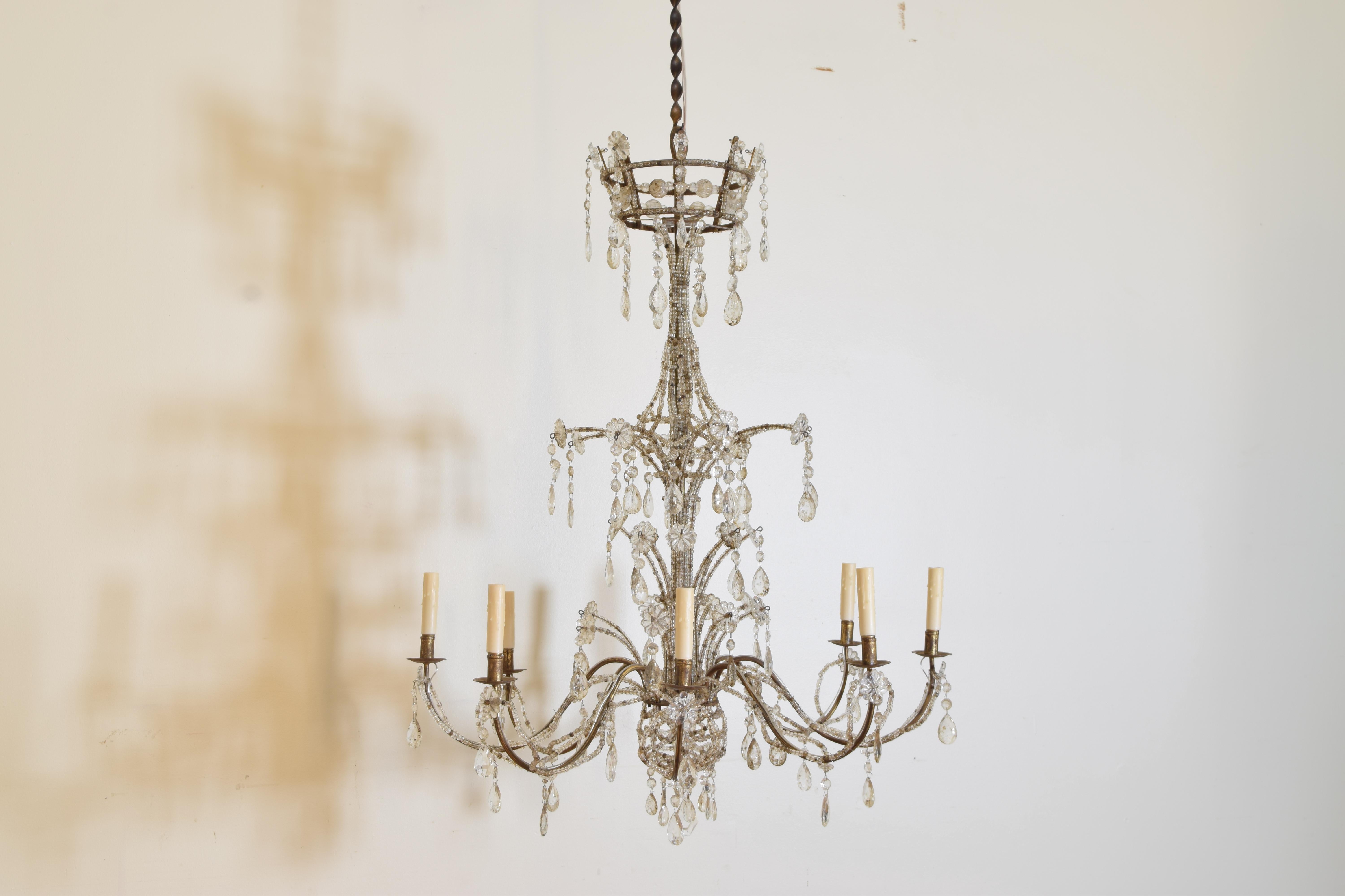 Other Pair of Italian Genovese Gilt Iron & Glass 8-Light Chandeliers, Mid-20th Century