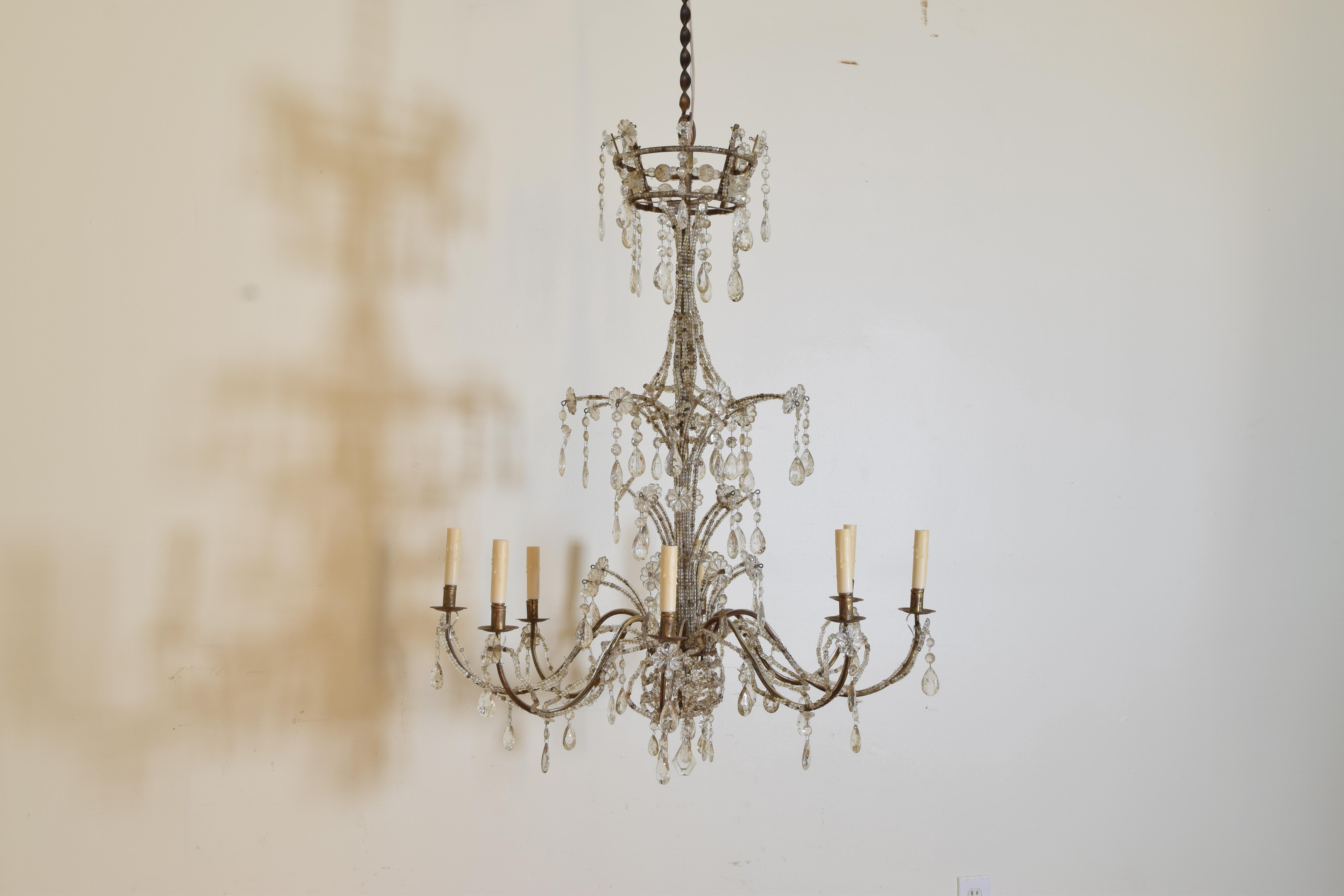 Pair of Italian Genovese Gilt Iron & Glass 8-Light Chandeliers, Mid-20th Century In Good Condition In Atlanta, GA