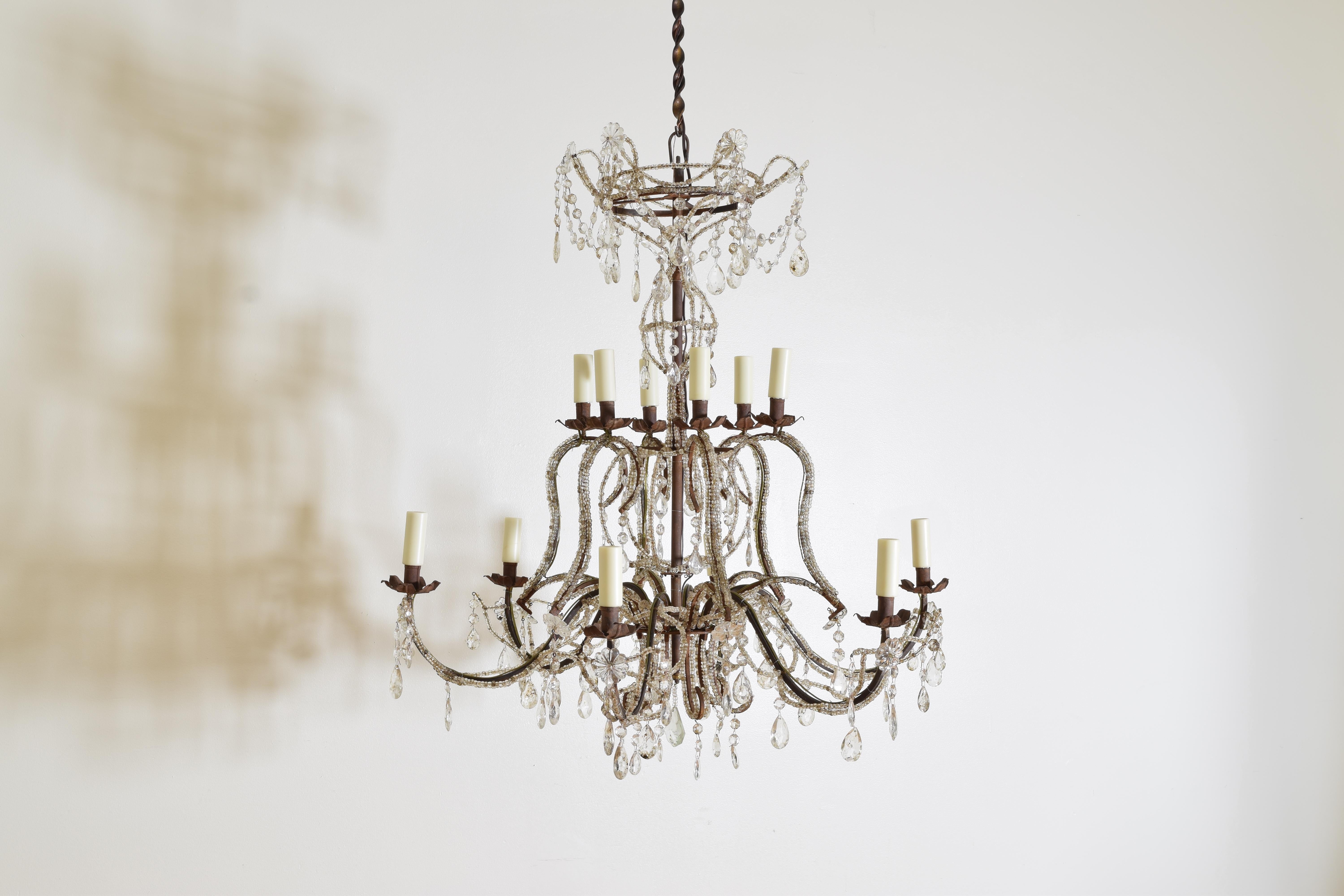 Neoclassical Pair of Italian, Genovese, 2-Tier, 12-Light Glass and Iron Chandeliers For Sale