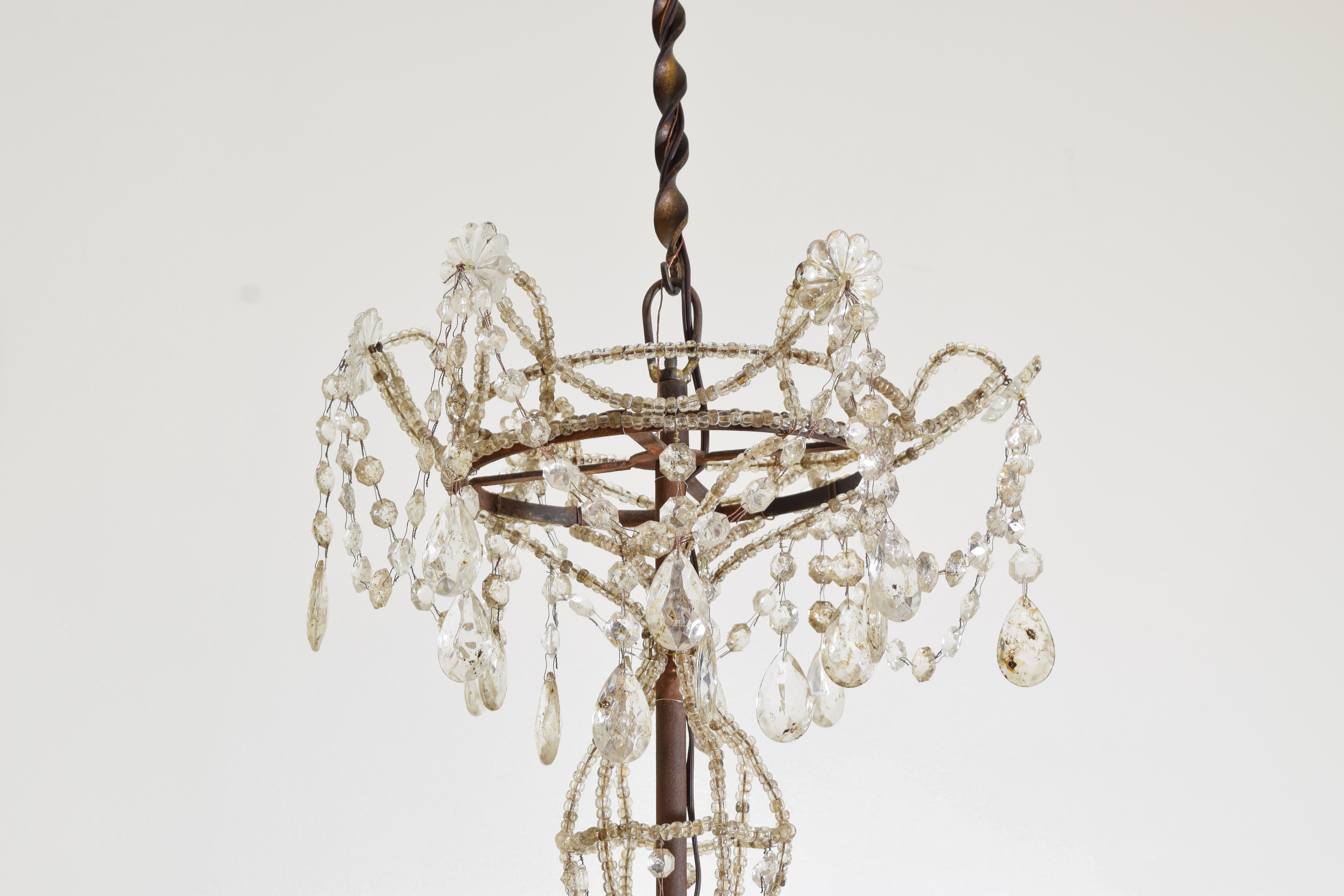 Beaded Pair of Italian, Genovese, 2-Tier, 12-Light Glass and Iron Chandeliers For Sale