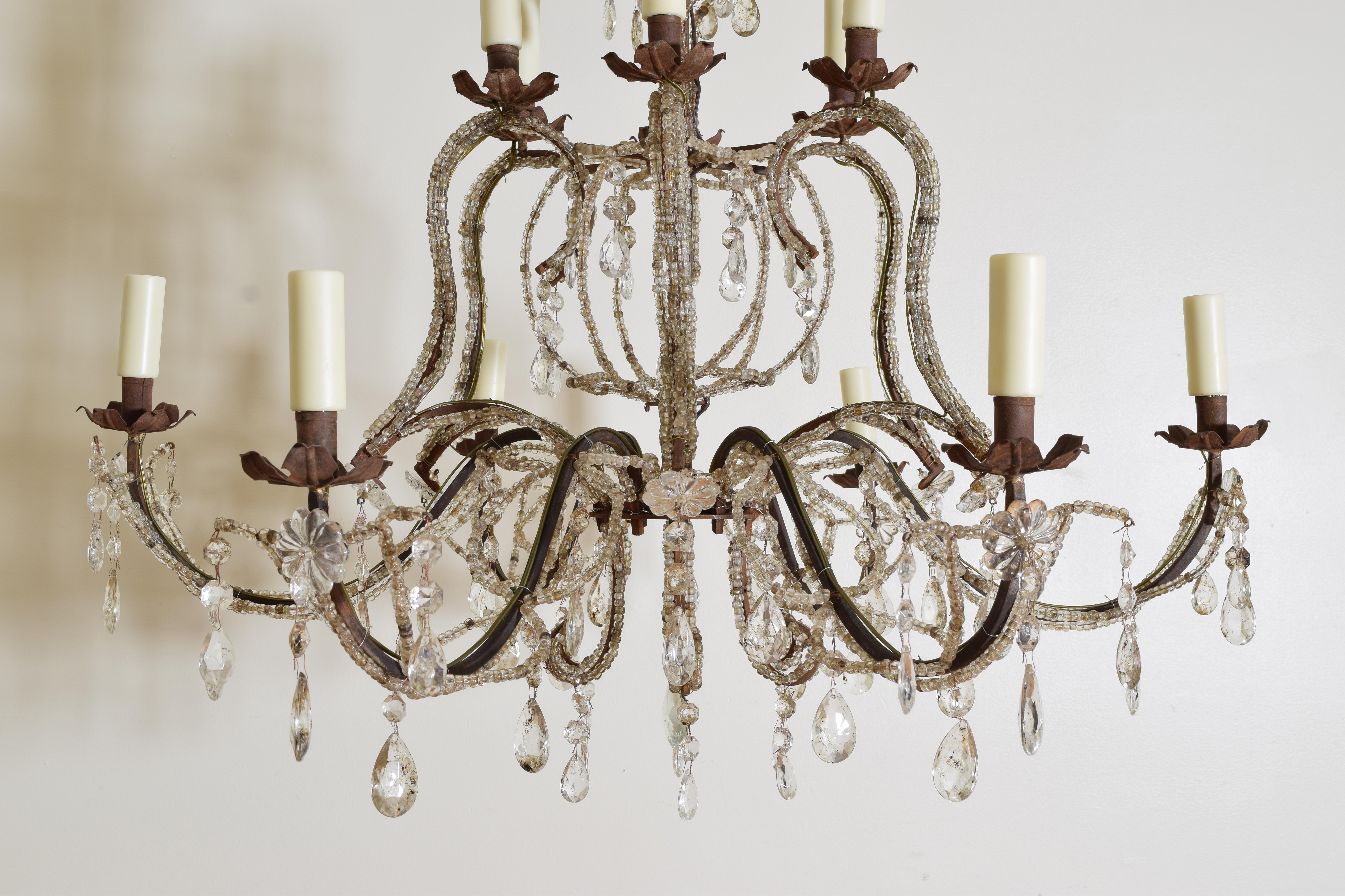 Metal Pair of Italian, Genovese, 2-Tier, 12-Light Glass and Iron Chandeliers For Sale