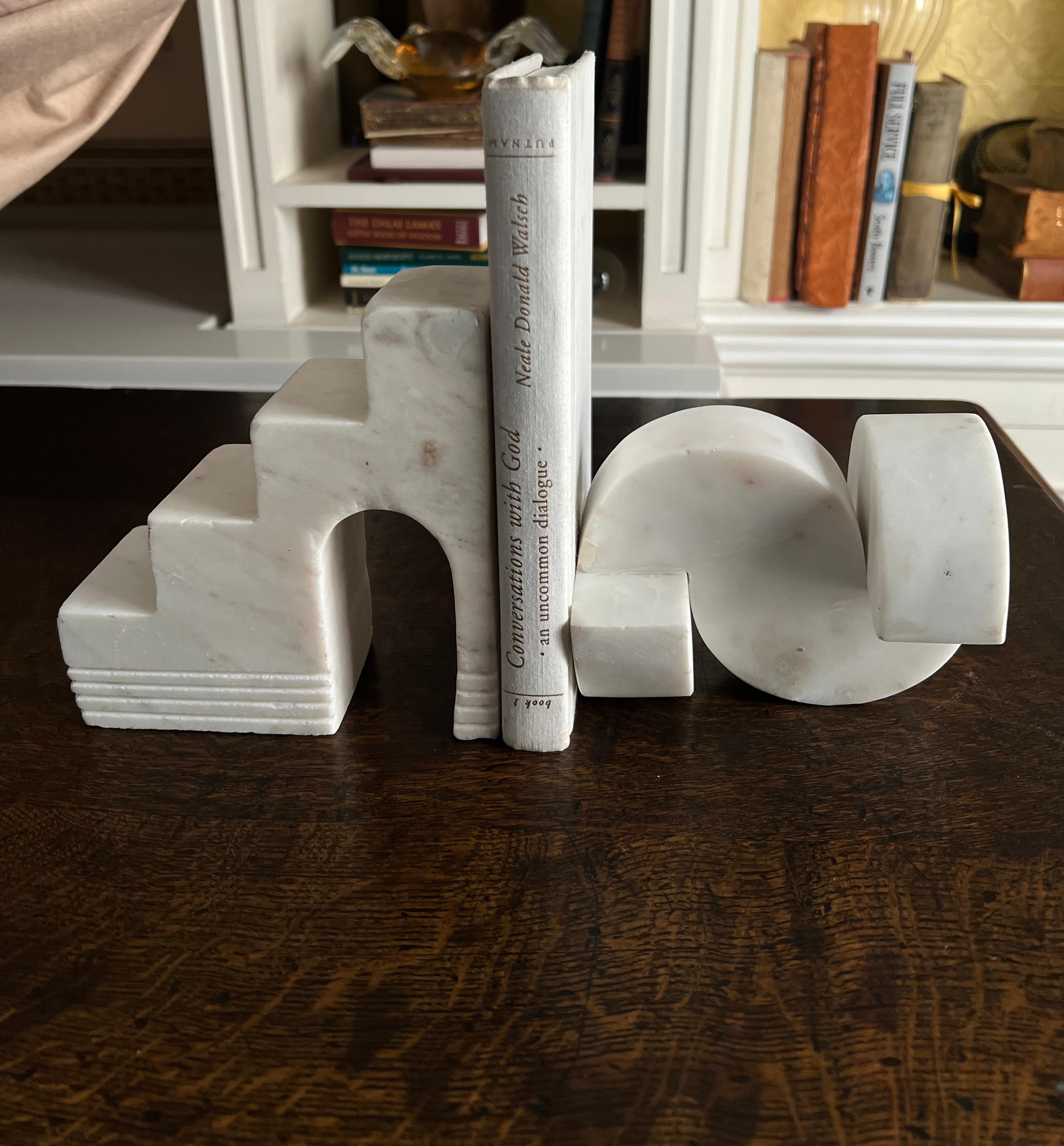 Pair of Italian Geometric Architectural Carrara Marble Sculptures or Bookends For Sale 6