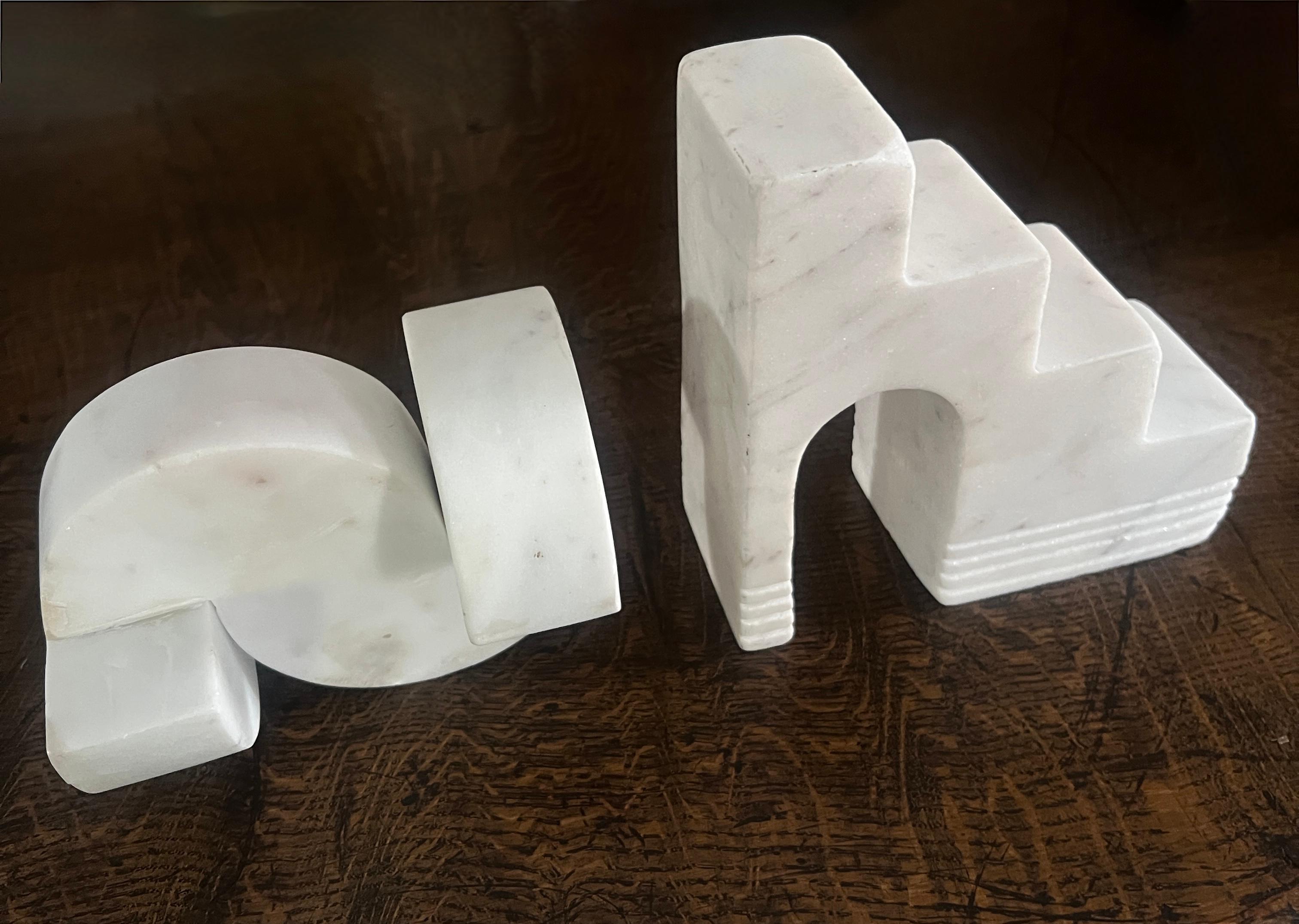 Pair of Italian Geometric Architectural Carrara Marble Sculptures or Bookends For Sale 7