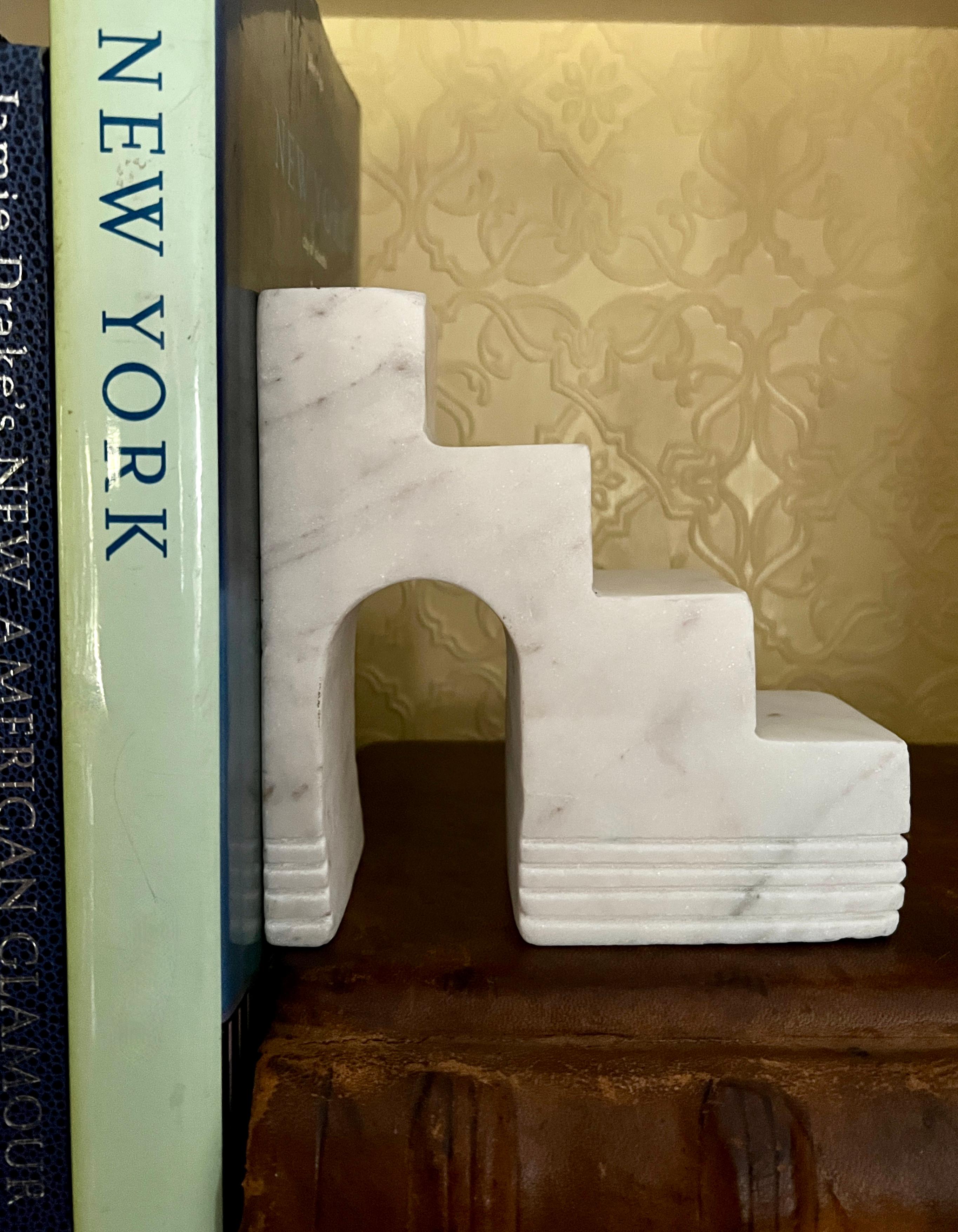 Pair of Italian Geometric Architectural Carrara Marble Sculptures or Bookends For Sale 8
