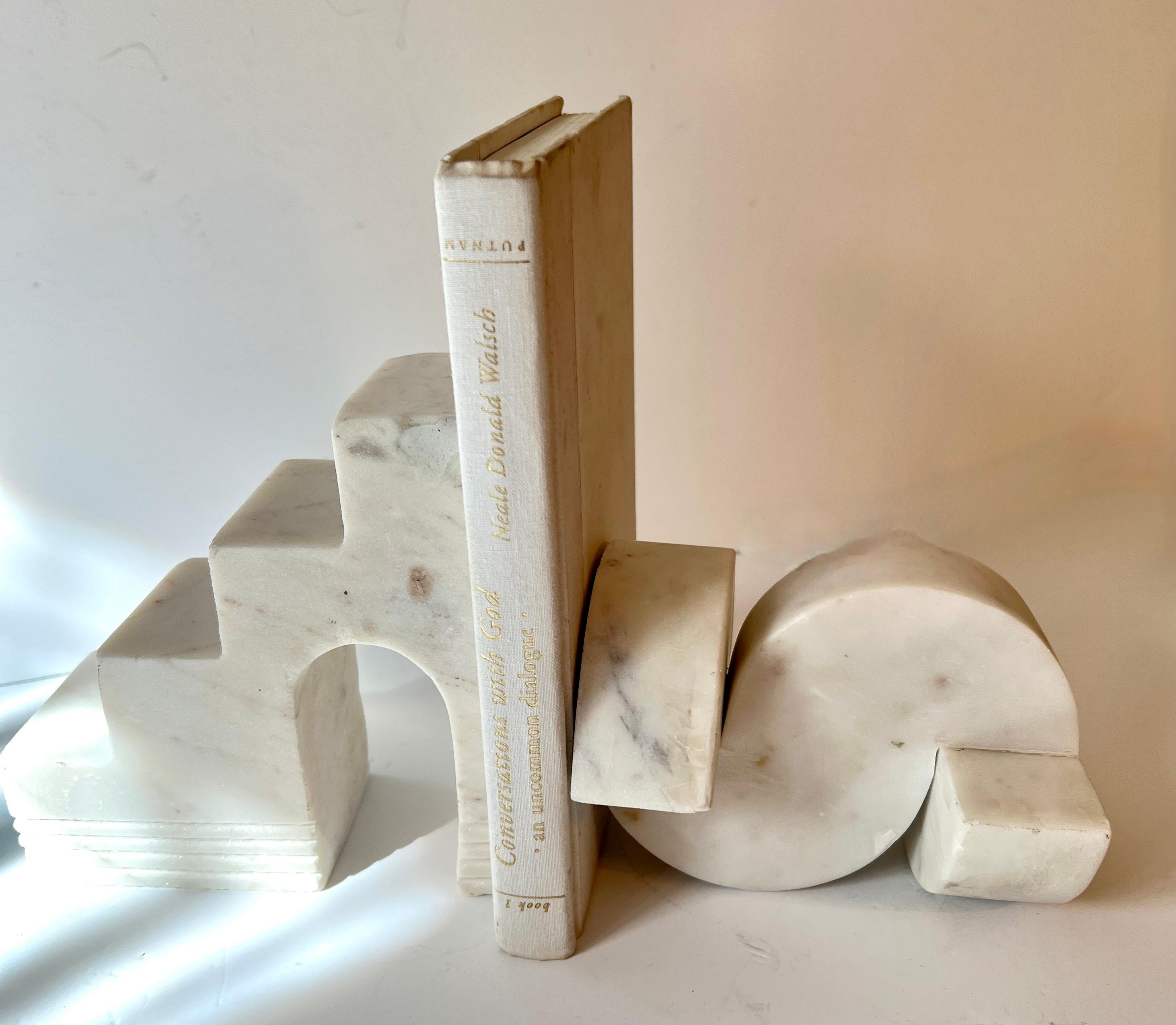 Hand-Carved Pair of Italian Geometric Architectural Carrara Marble Sculptures or Bookends For Sale