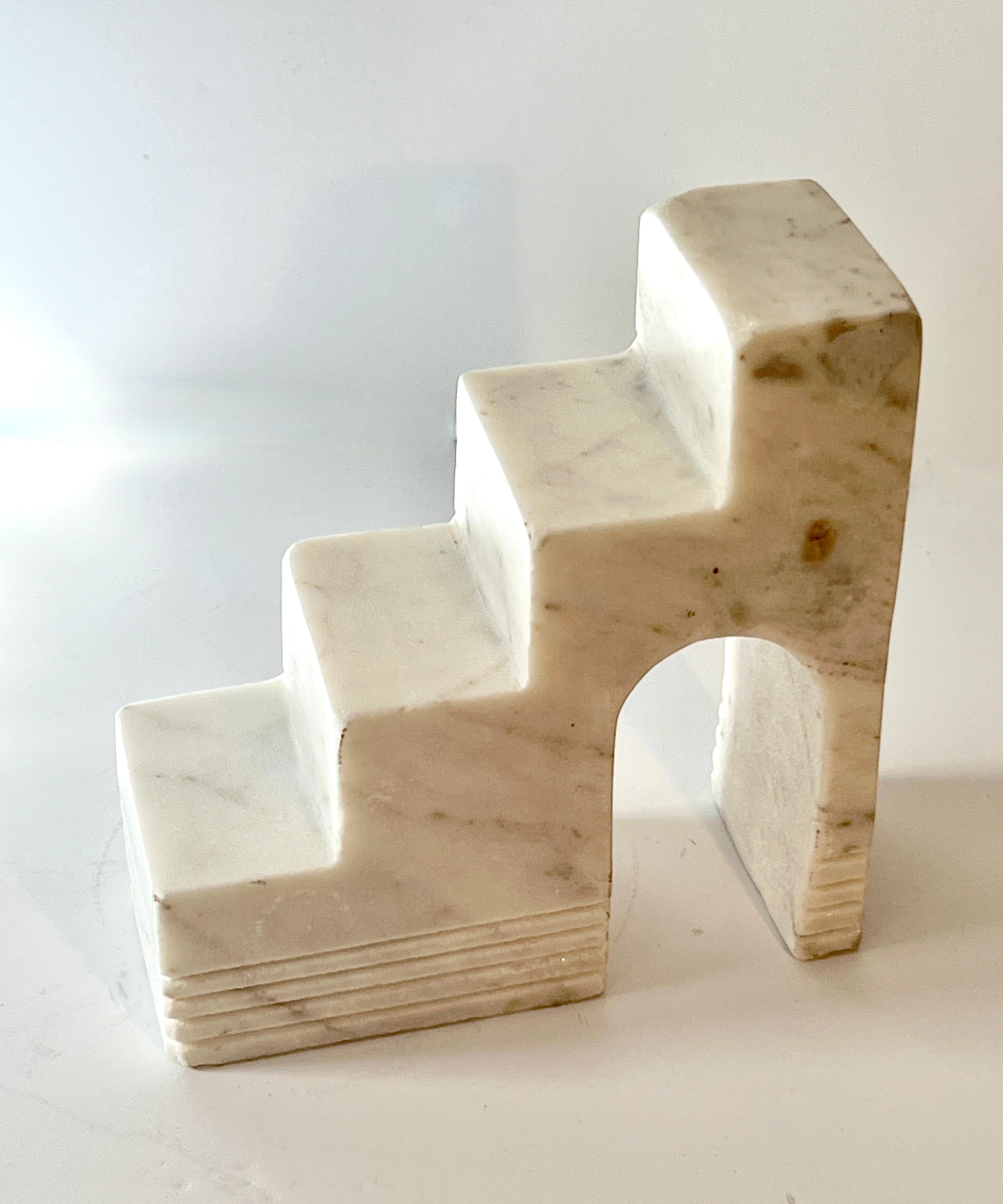 Pair of Italian Geometric Architectural Carrara Marble Sculptures or Bookends For Sale 3