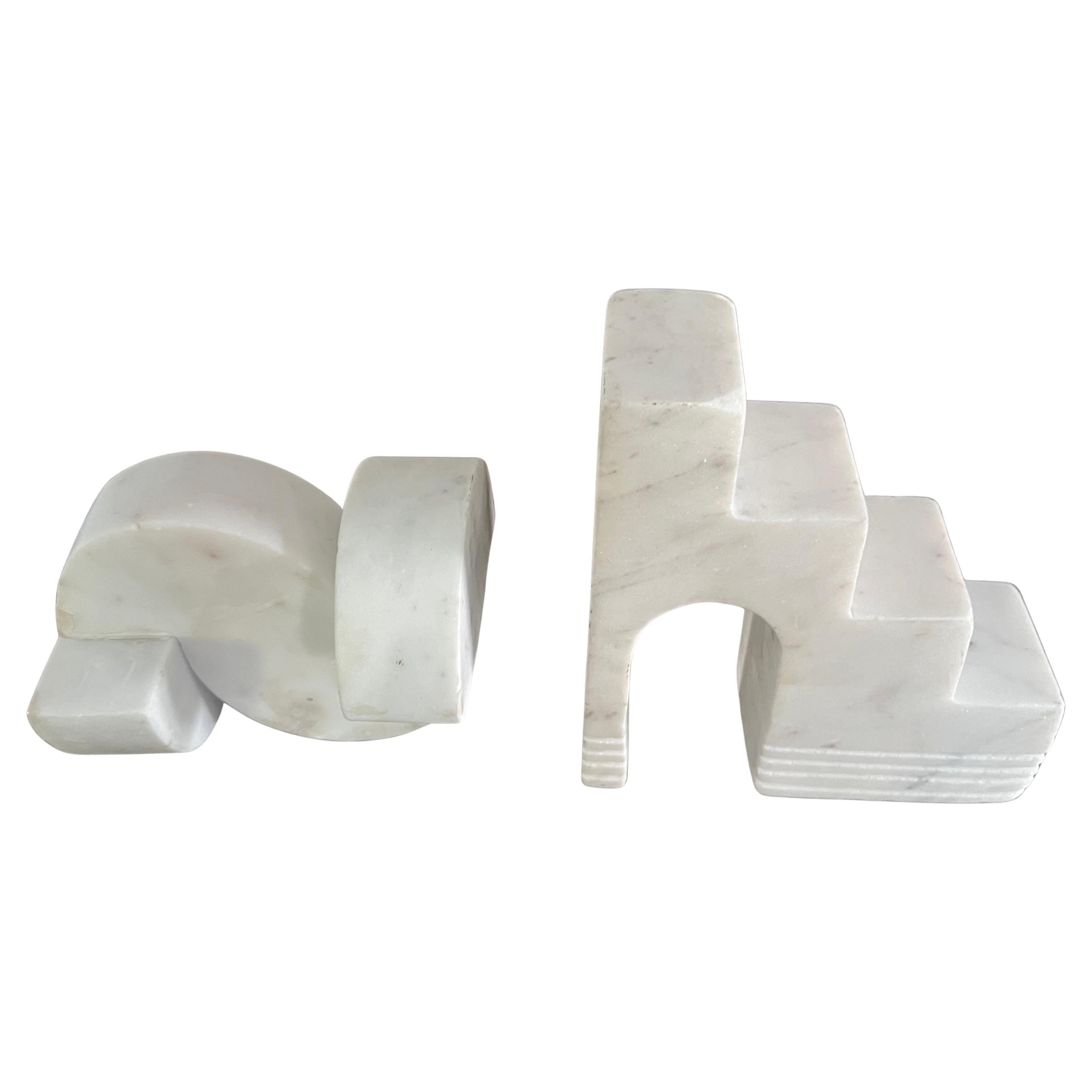 Pair of Italian Geometric Architectural Carrara Marble Sculptures or Bookends For Sale