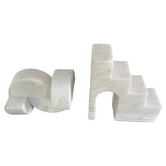Pair of Italian Geometric Architectural Carrara Marble Sculptures or Bookends