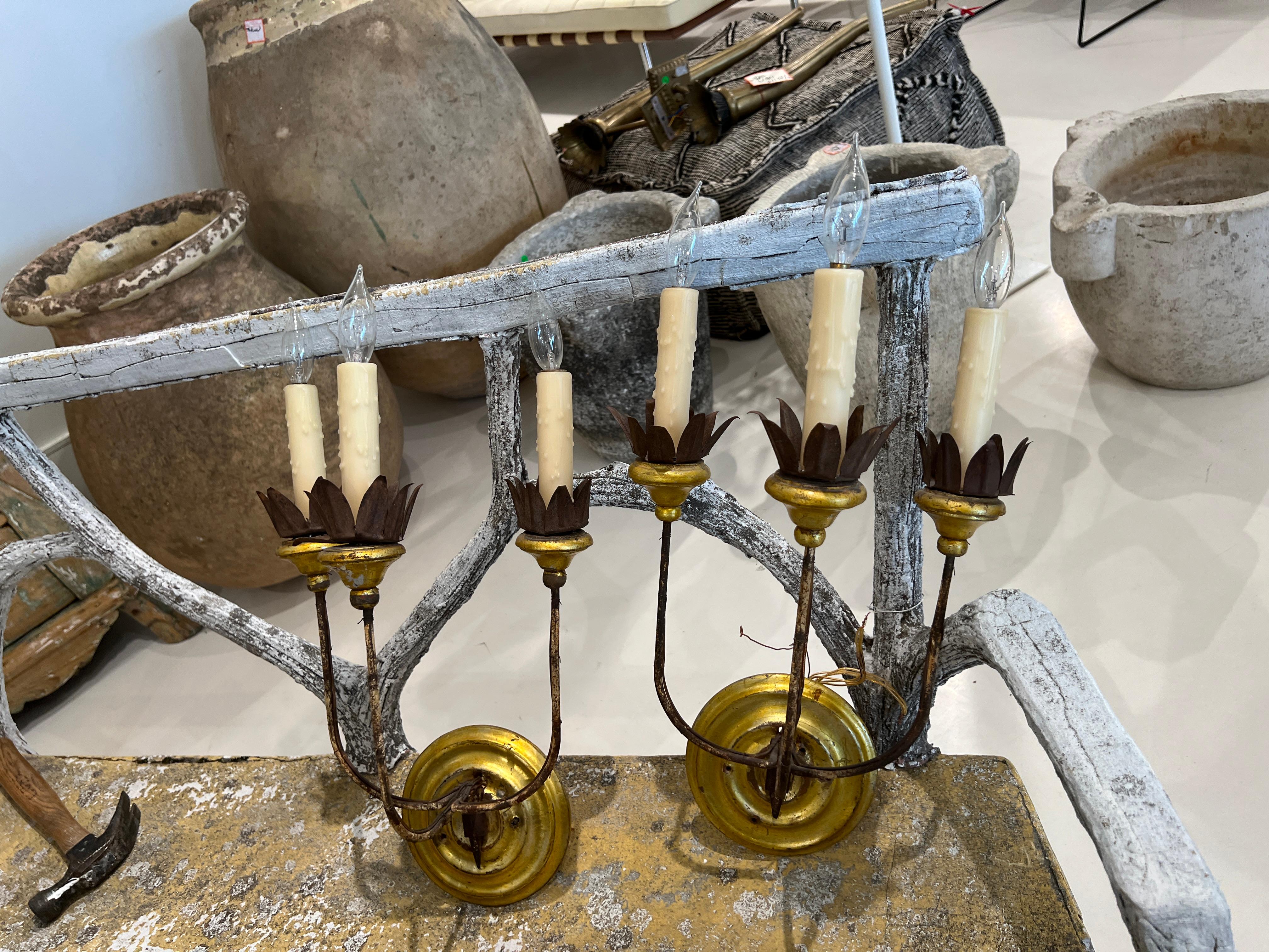 Pair of Italian Gilded 3 Arm Sconces In Distressed Condition For Sale In New Orleans, LA