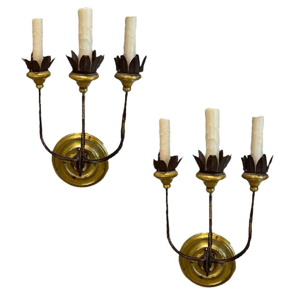 Pair of Italian Gilded 3 Arm Sconces For Sale