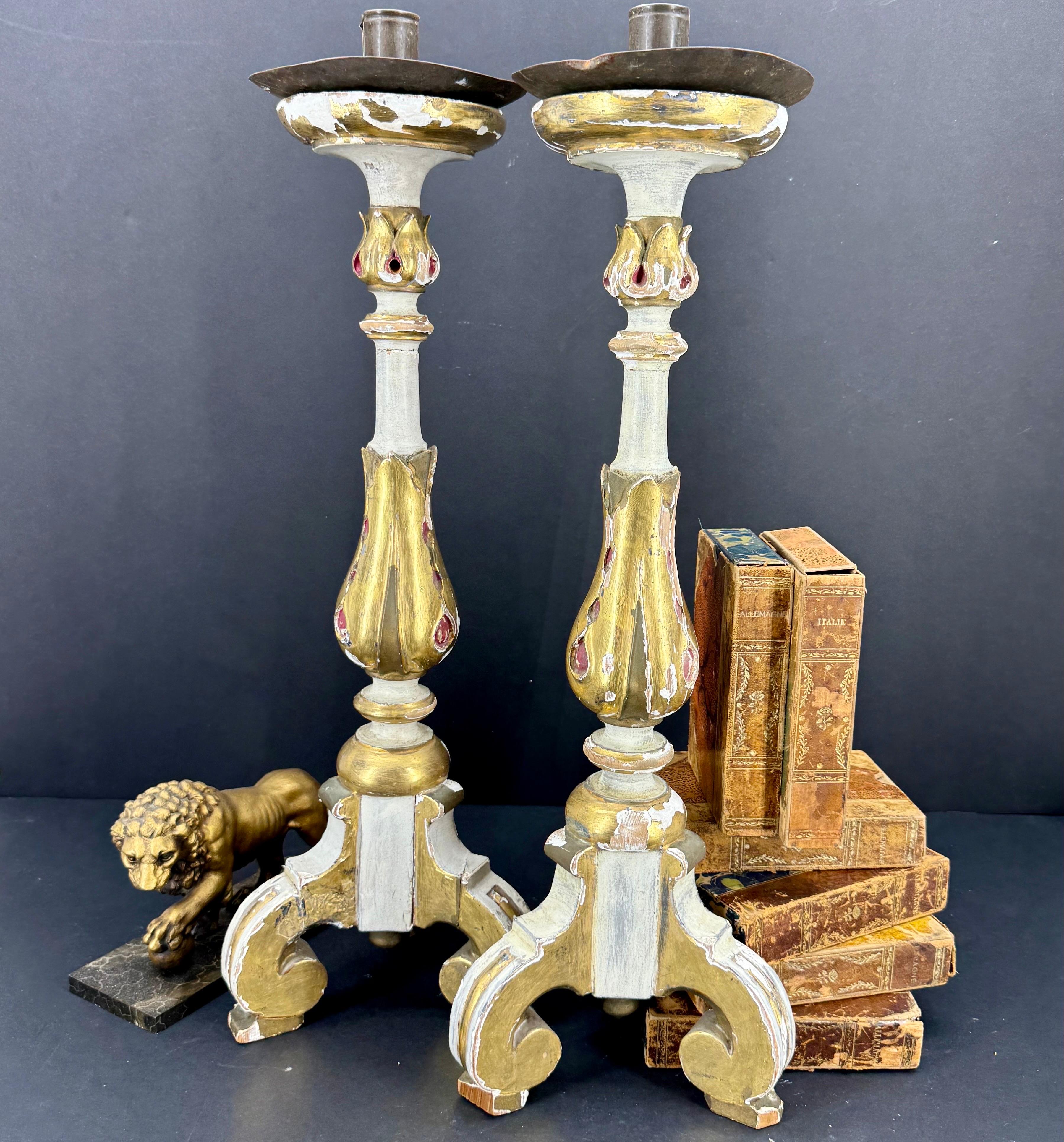 Pair of Italian Gilded Alter Candlesticks With Original Paint, 1930's For Sale 3