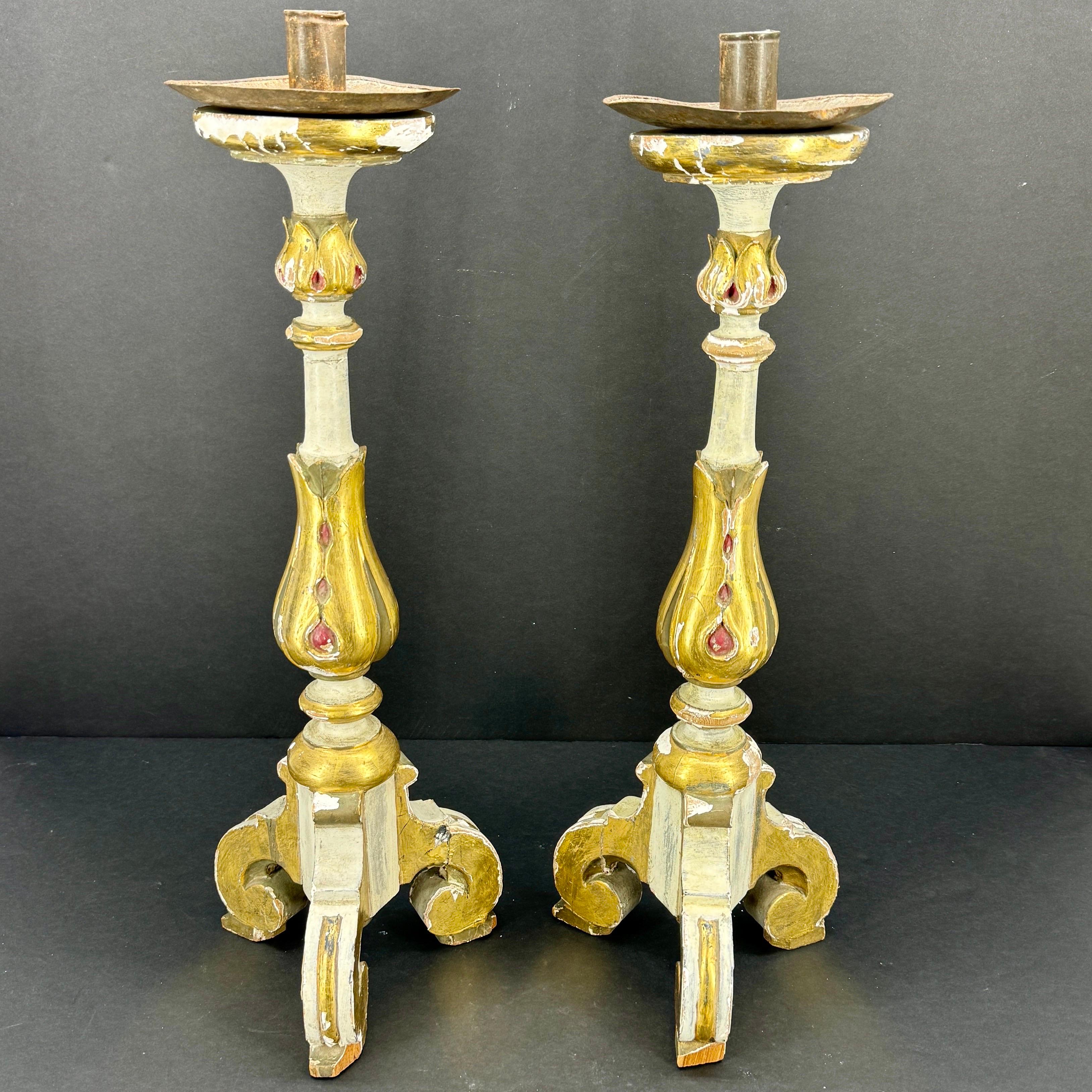 Vintage Gilded and Painted Vintage Wood Alter Candlesticks, Italy

Authentic carved alter sticks with original paint and patina, untouched. Wonderful addition on a table or mantle in any formal or informal home seeking that European rustic vibe.
