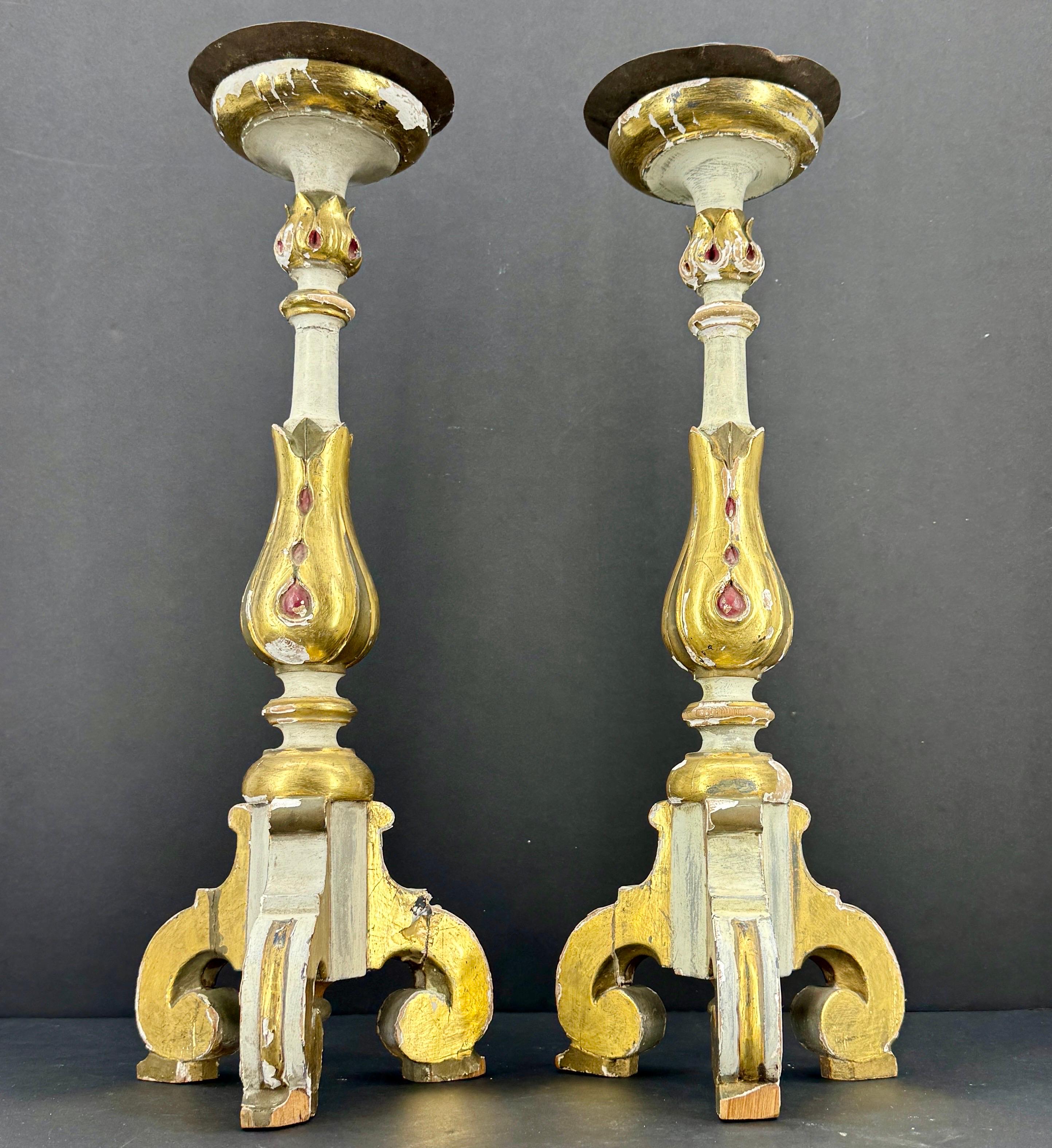 Baroque Pair of Italian Gilded Alter Candlesticks With Original Paint, 1930's For Sale