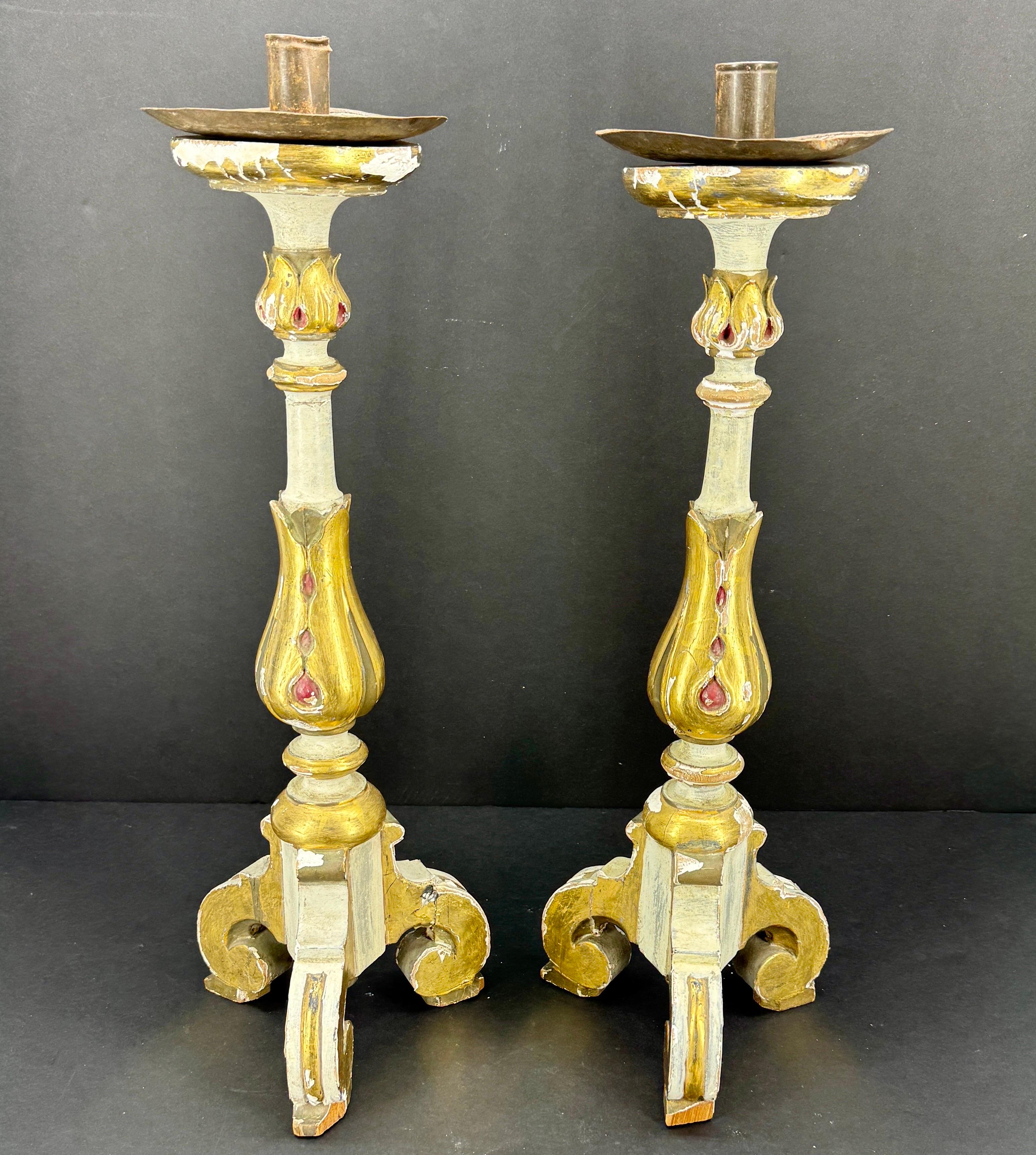 Hand-Crafted Pair of Italian Gilded Alter Candlesticks With Original Paint, 1930's For Sale