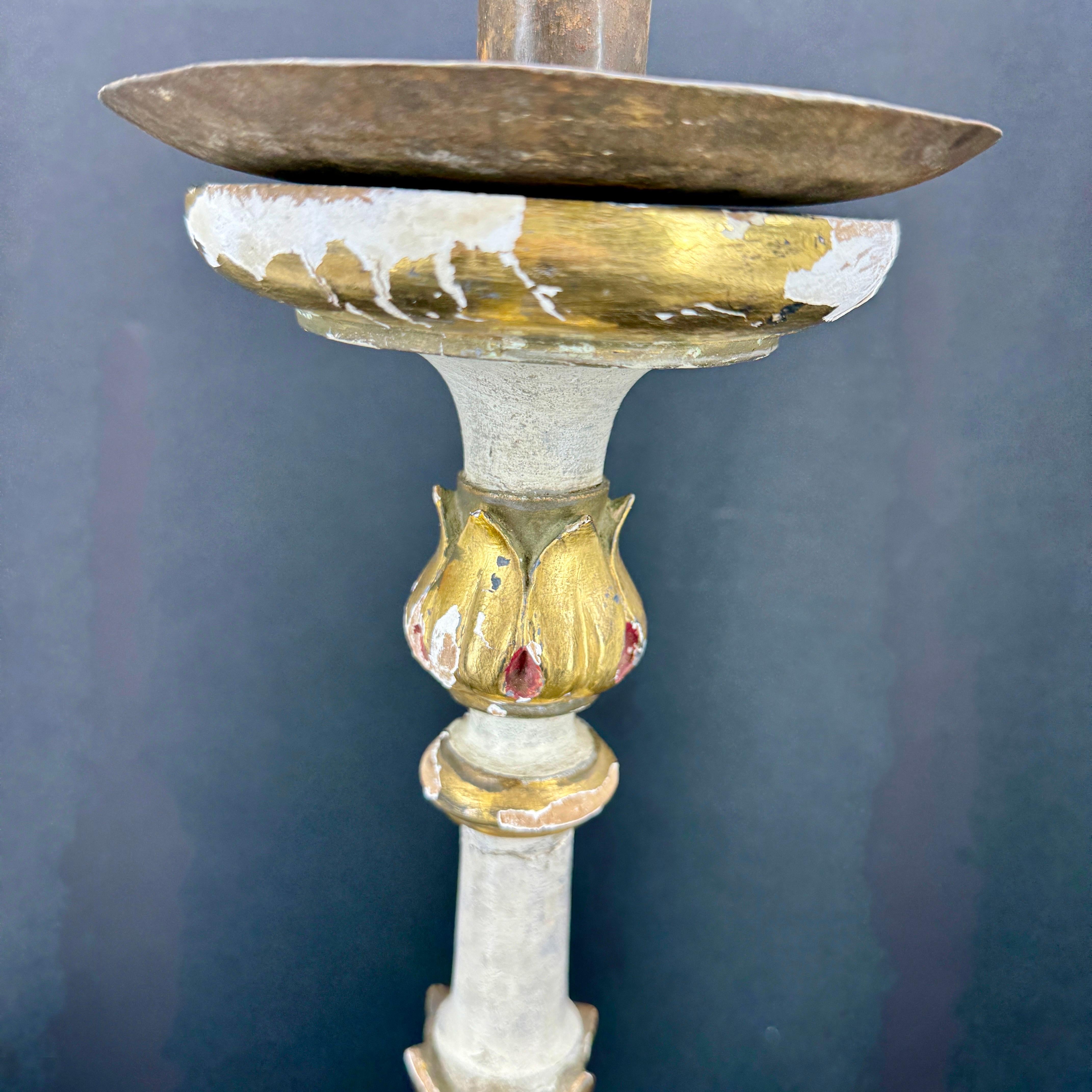 Metal Pair of Italian Gilded Alter Candlesticks With Original Paint, 1930's For Sale