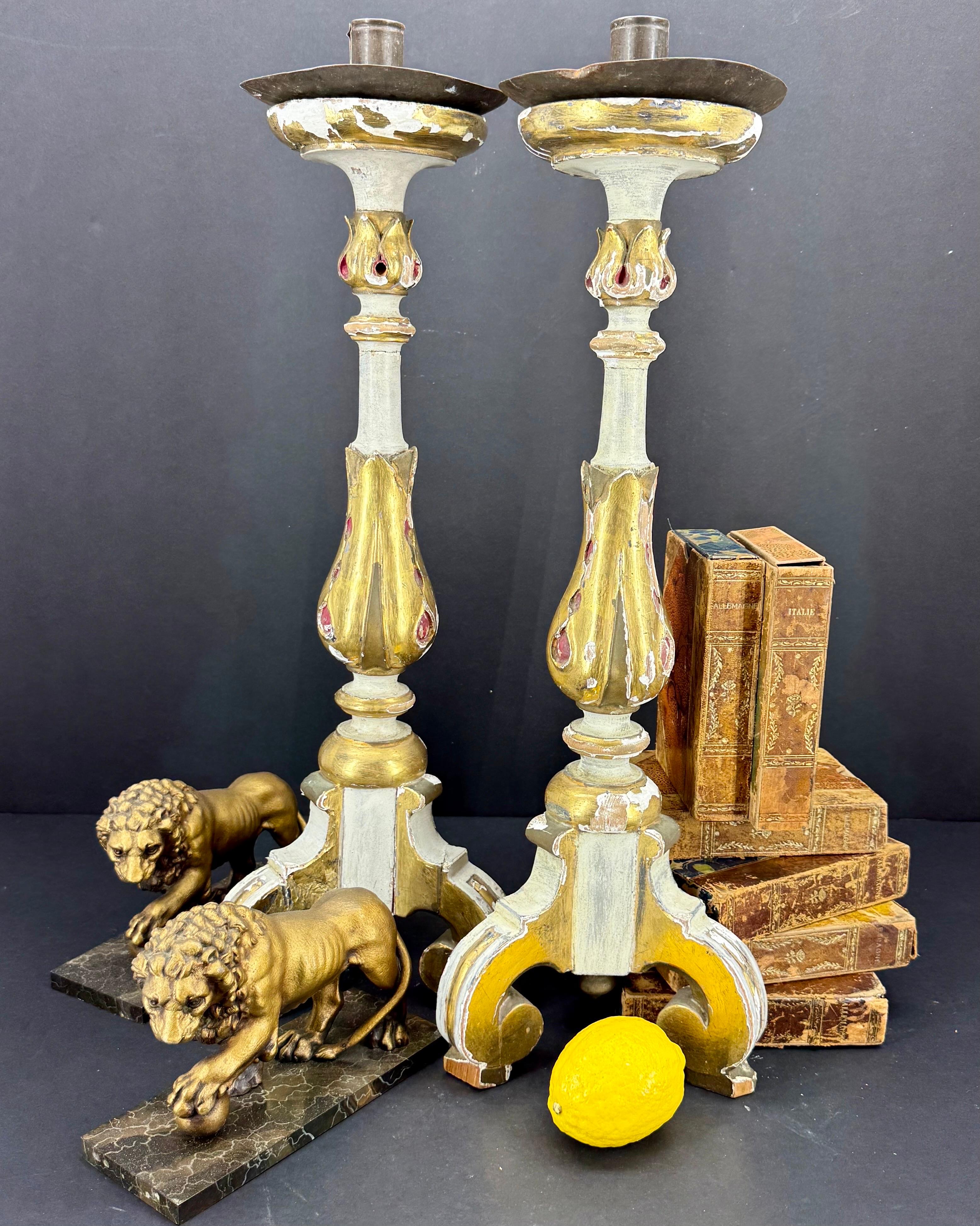 Pair of Italian Gilded Alter Candlesticks With Original Paint, 1930's For Sale 2