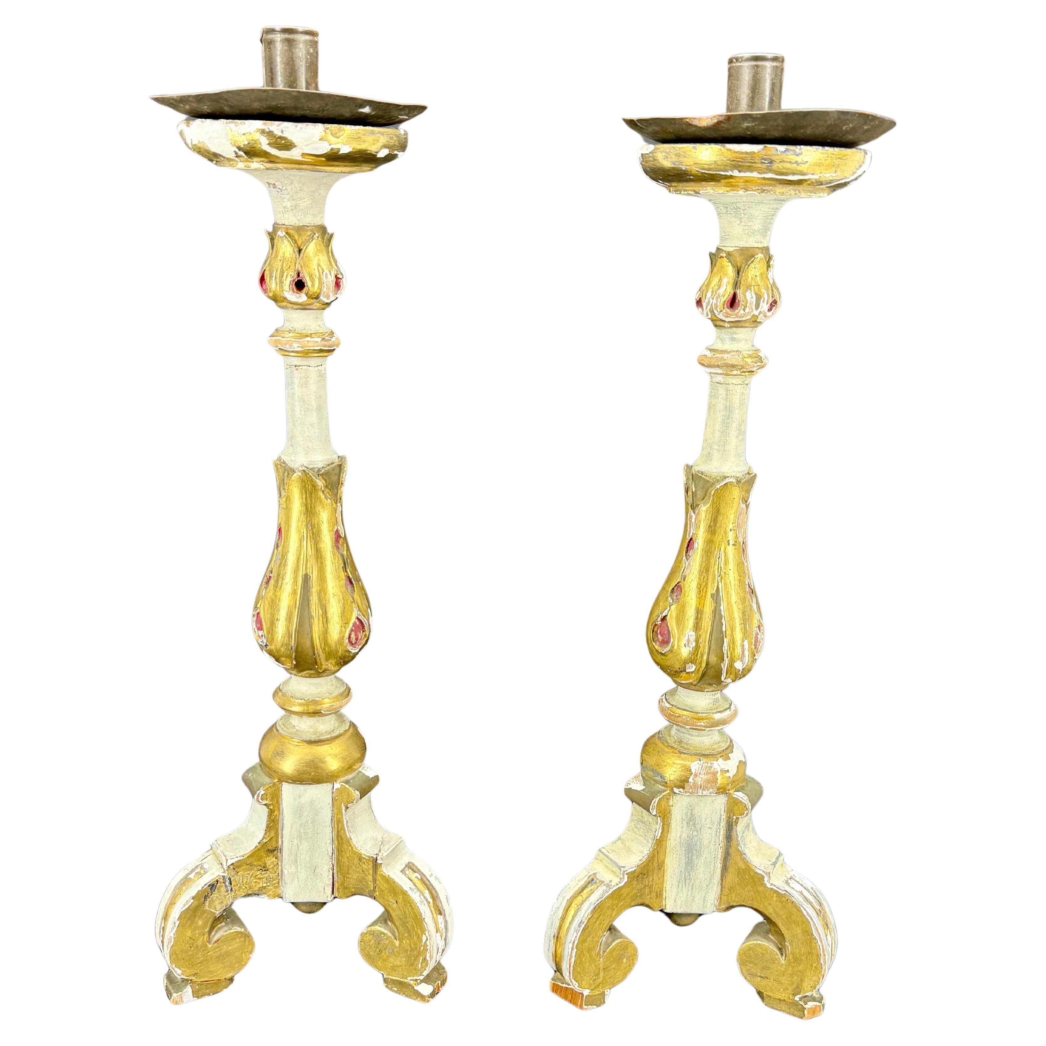 Pair of Italian Gilded Alter Candlesticks With Original Paint, 1930's For Sale