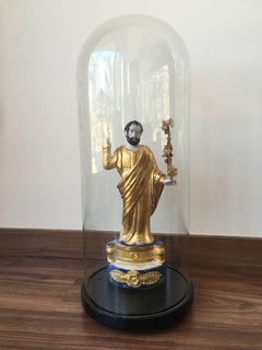Pair of Italian Gilded Sculptures Religious in a Glass Urn
