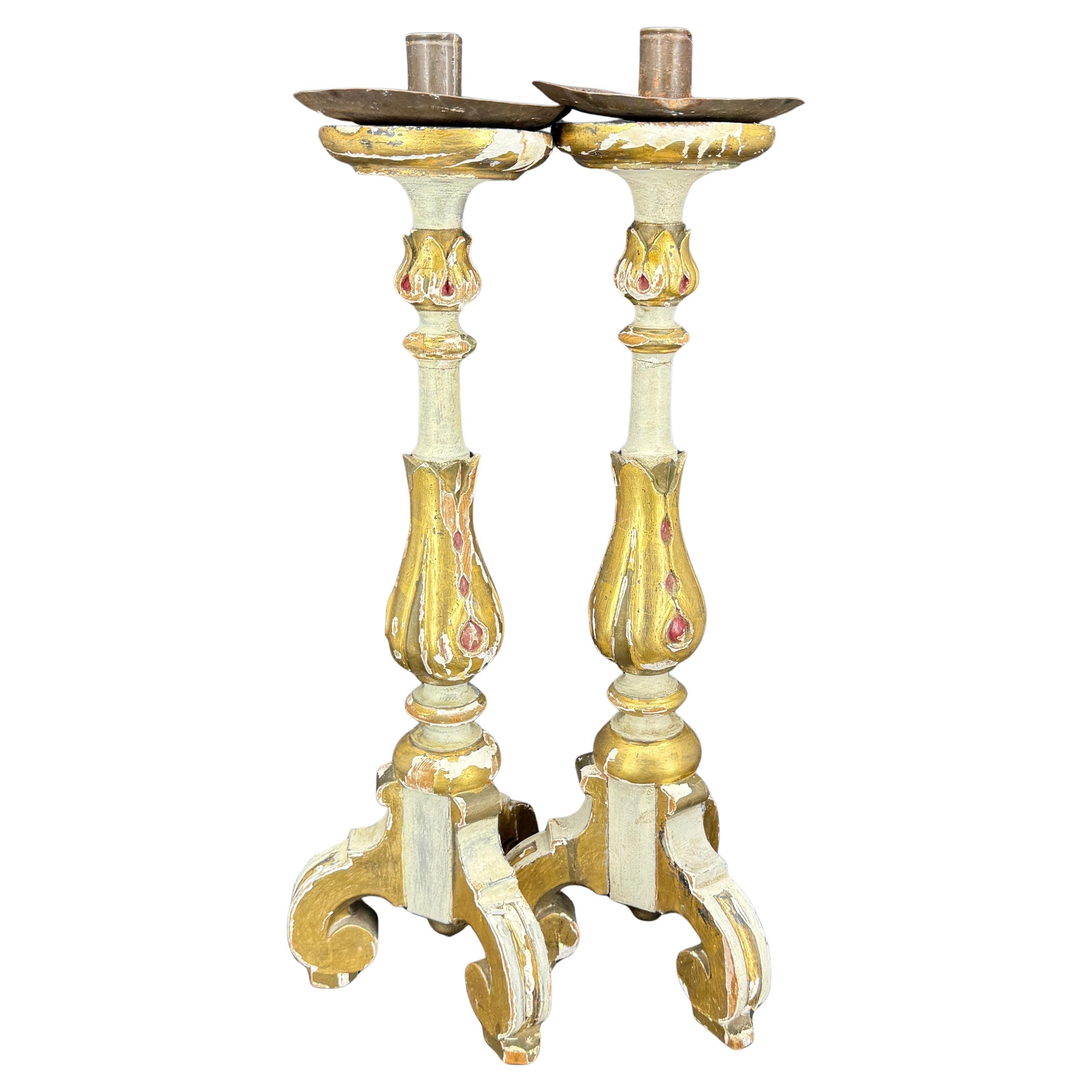Pair of Italian Gilt Alter Candlesticks With Original Paint, 1930's