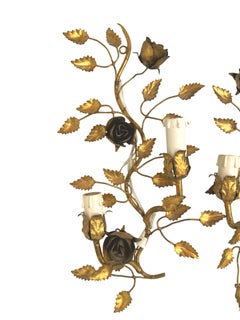 Pair of Italian Gilt and Flower Rose Wall Sconce Hollywood Regency Italy, 1950s