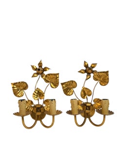 Pair of Italian Gilt and Flower Wall Sconce Hollywood Regency Italy, 1960s