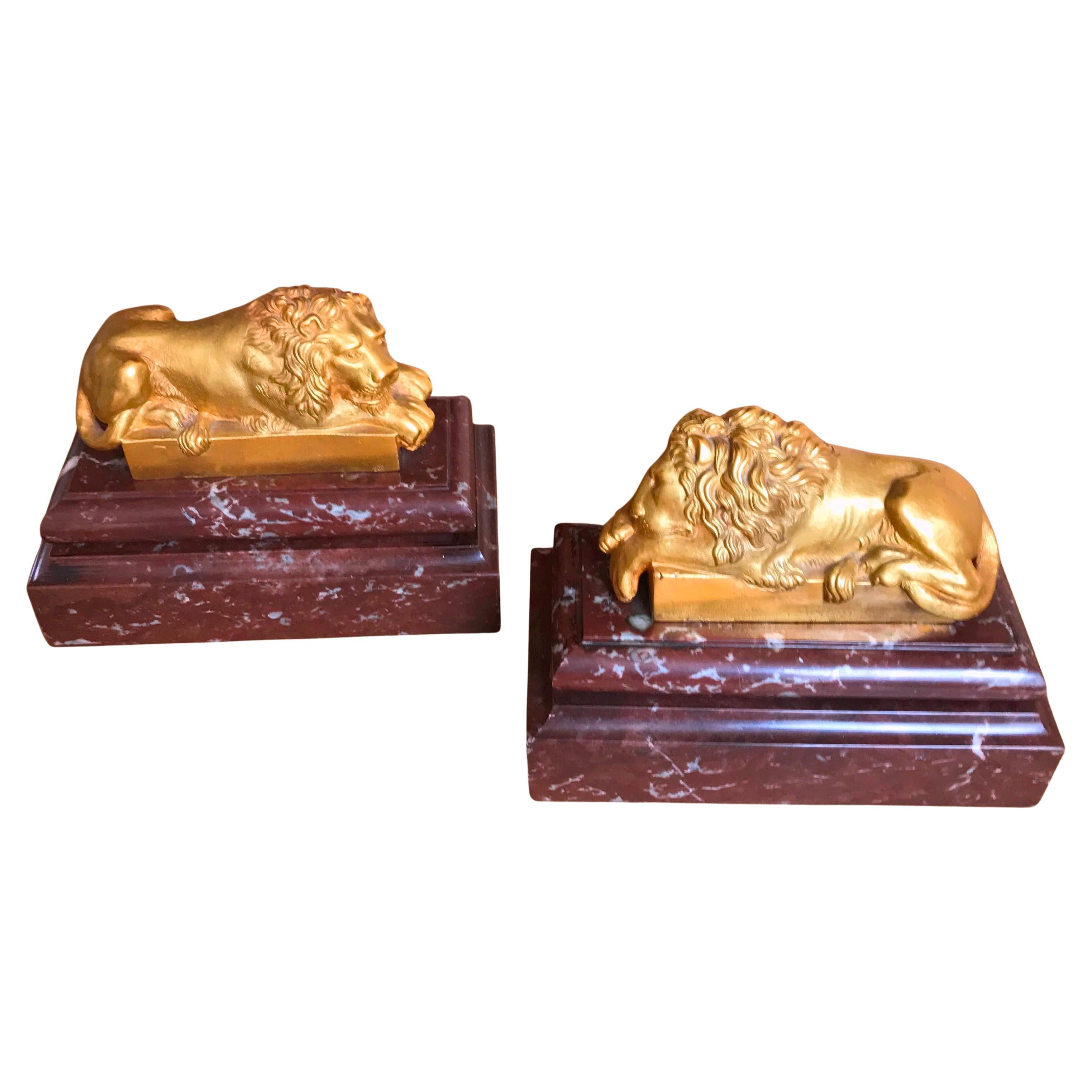 Pair of Italian Gilt Bronze Lions, after Antonio Canova , late 19th Cent