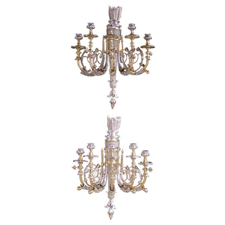 Pair of Italian Gilt Bronze & Nickel Silver Onyx Wall Sconces Orig. Gas, C. 1830 For Sale