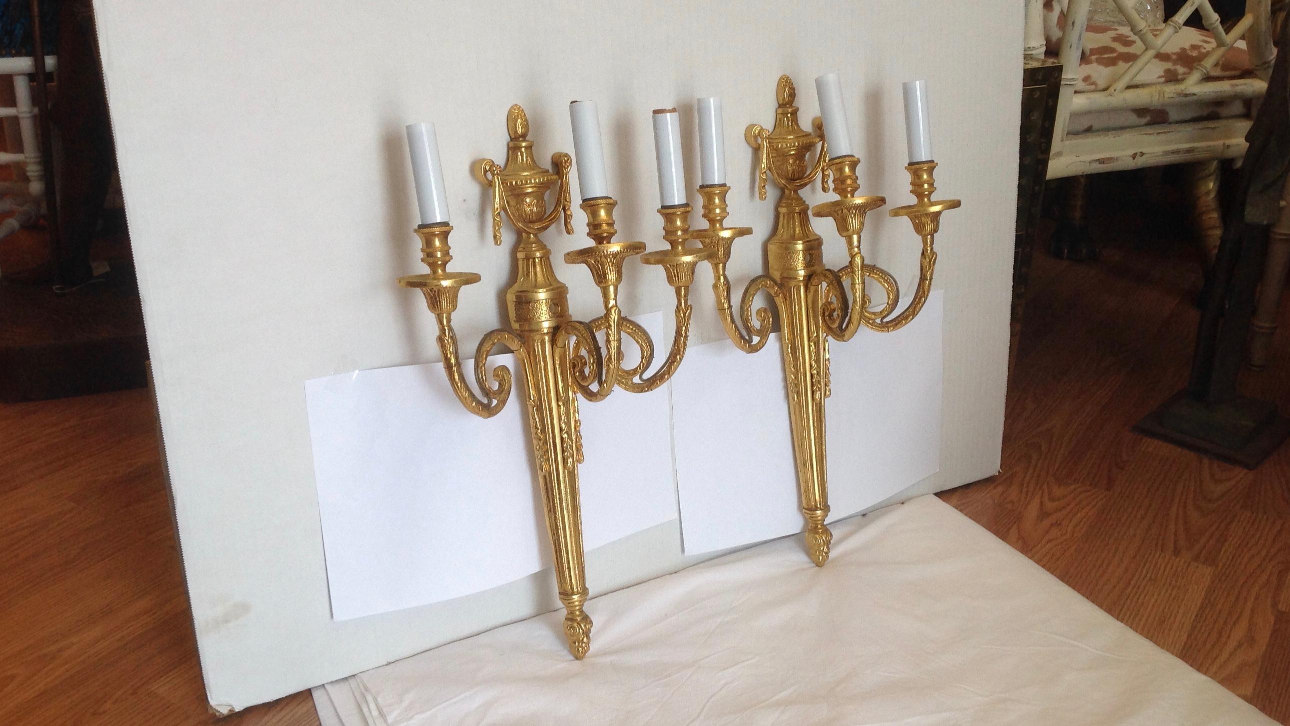 Neoclassical Pair of Italian Gilt Bronze Sconces