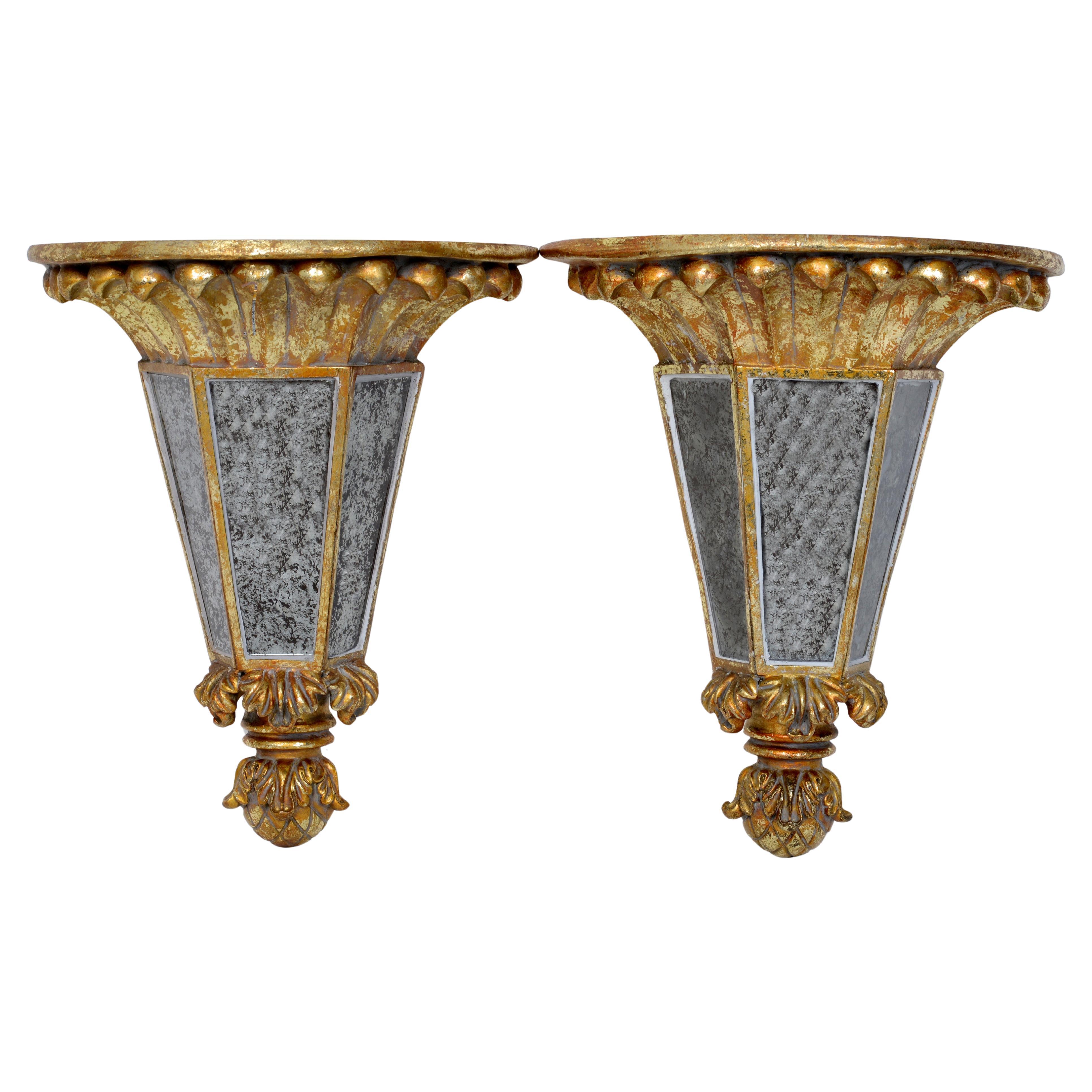 Pair of Italian Gilt Carved and Mirrored Wall Brackets Mid-Century
