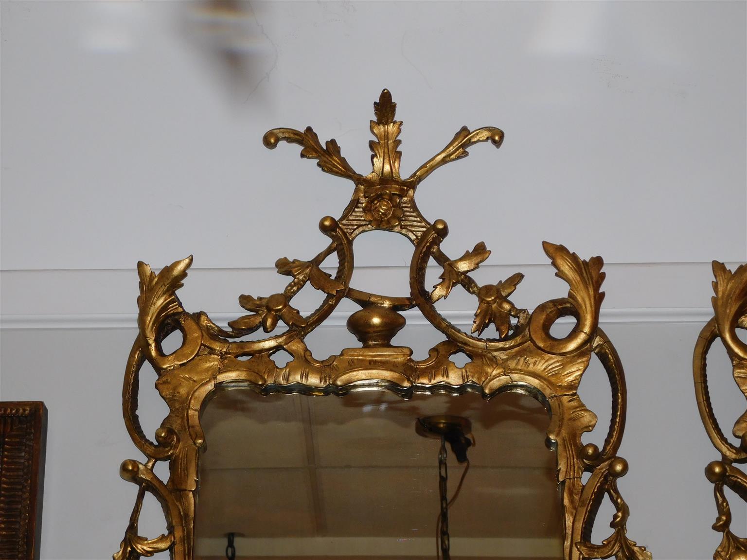 Hand-Carved Pair of English Chippendale Gilt Wood Foliage and Scrolled Wall Mirrors. C. 1770 For Sale